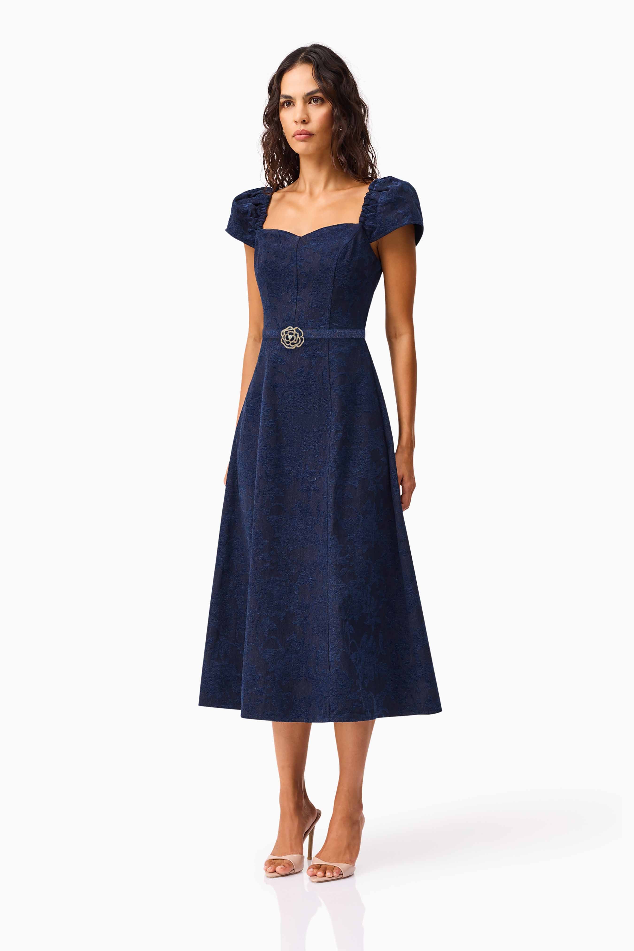 Melody Jacquard Short Sleeve Midi Dress in Blue - Image 4