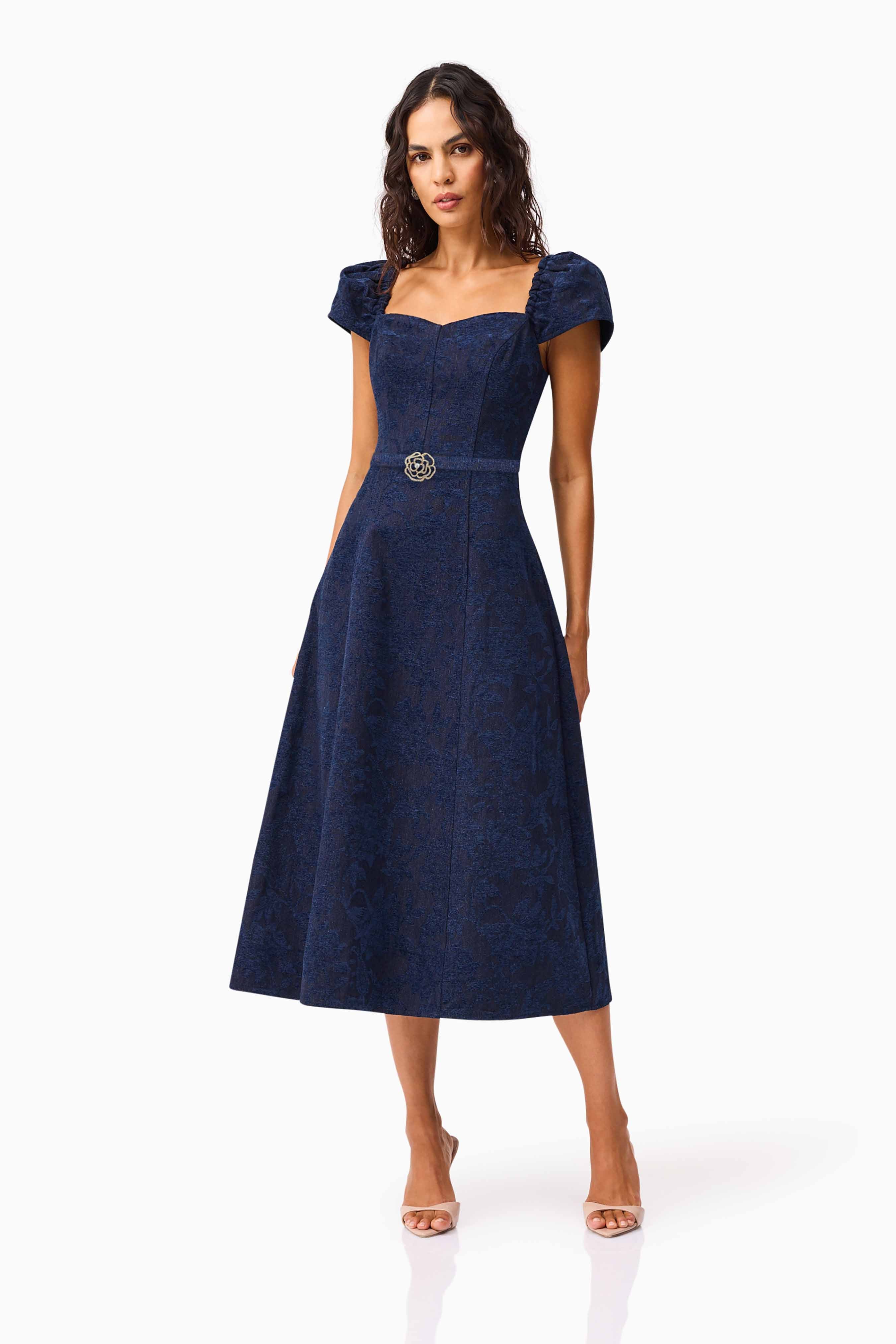 Melody Jacquard Short Sleeve Midi Dress in Blue - Image 7