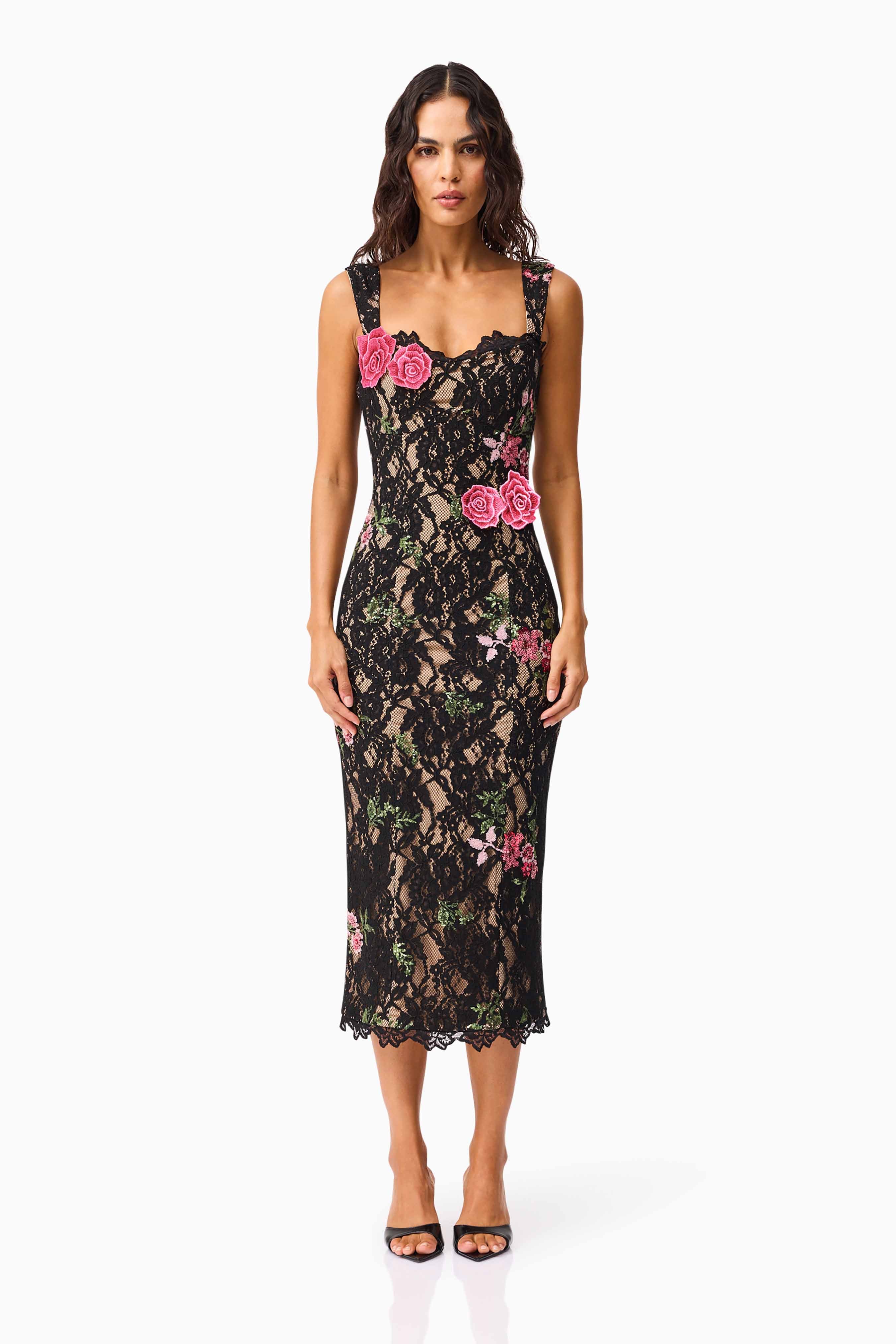 Morgaine Lace Midi Dress in Black