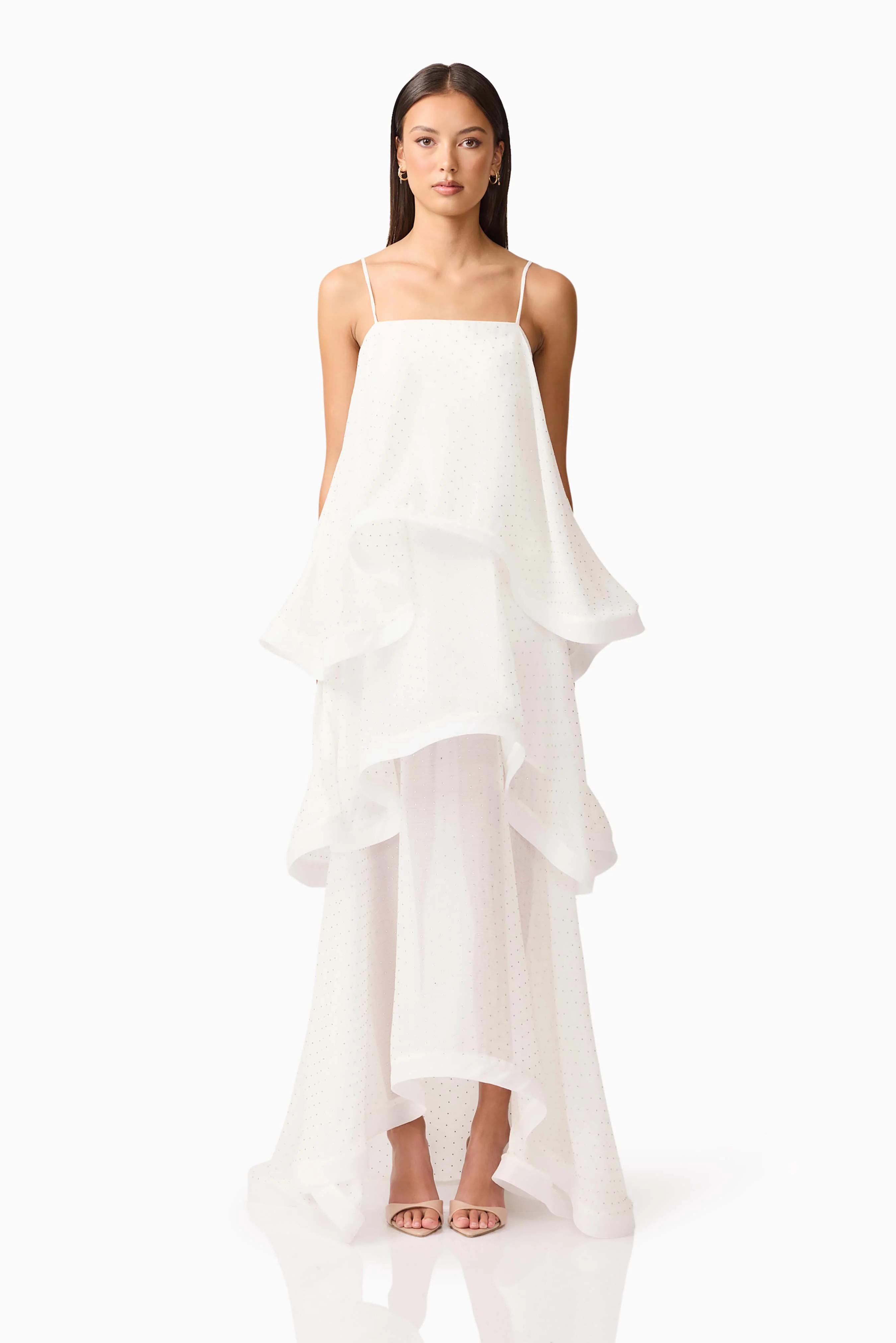 Moss Tiered Embellished Gown in White