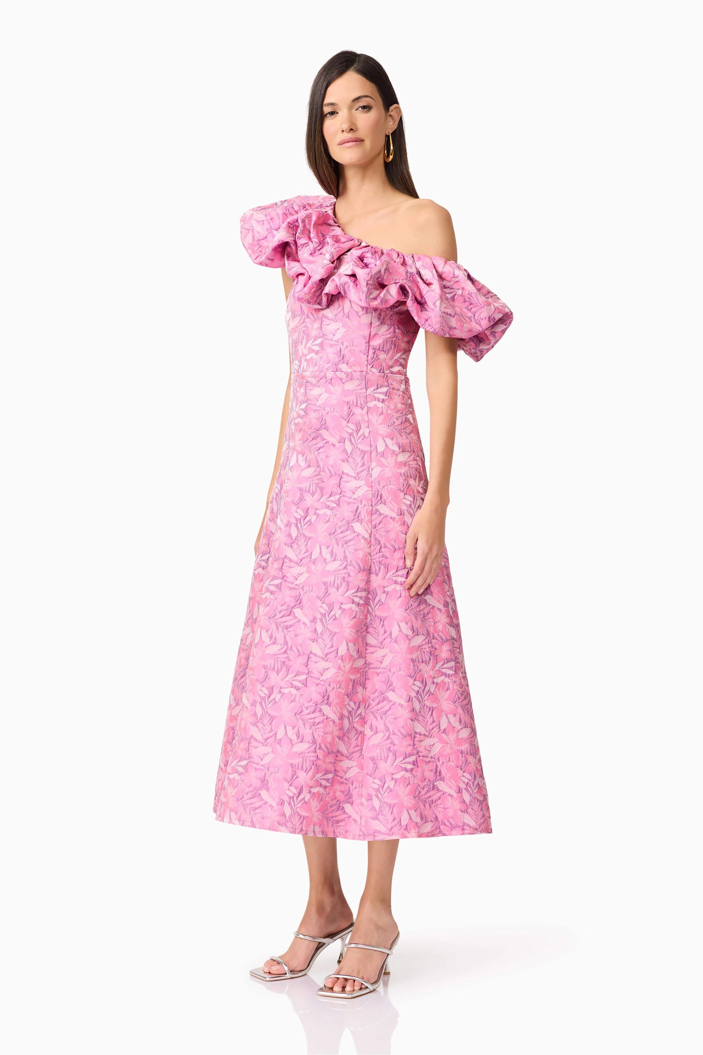 Nadeen Asymmetrical Midi Dress in Pink - Image 3