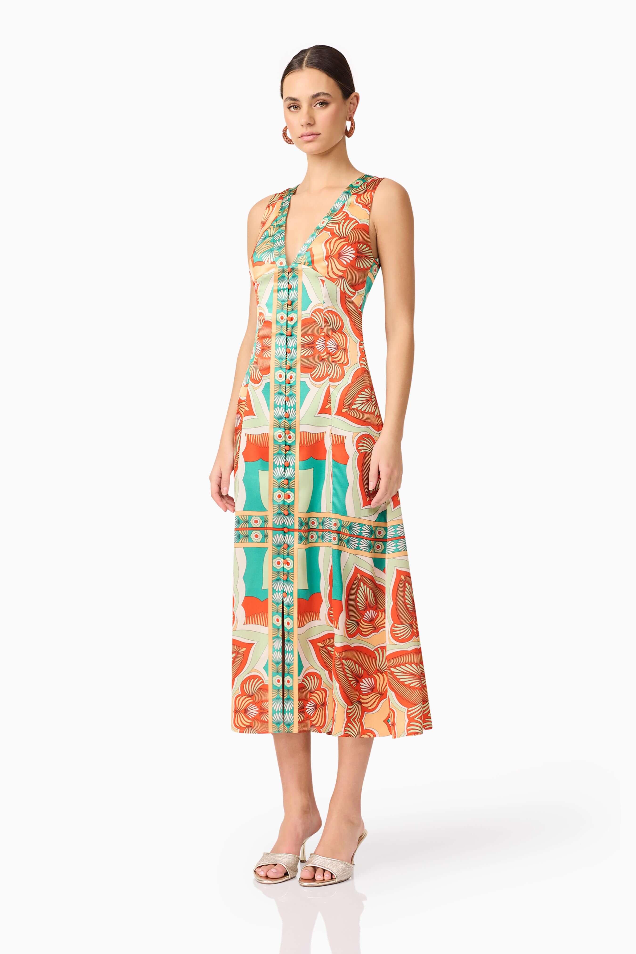 Neomi V Neck Midi Dress in Orange - Image 3