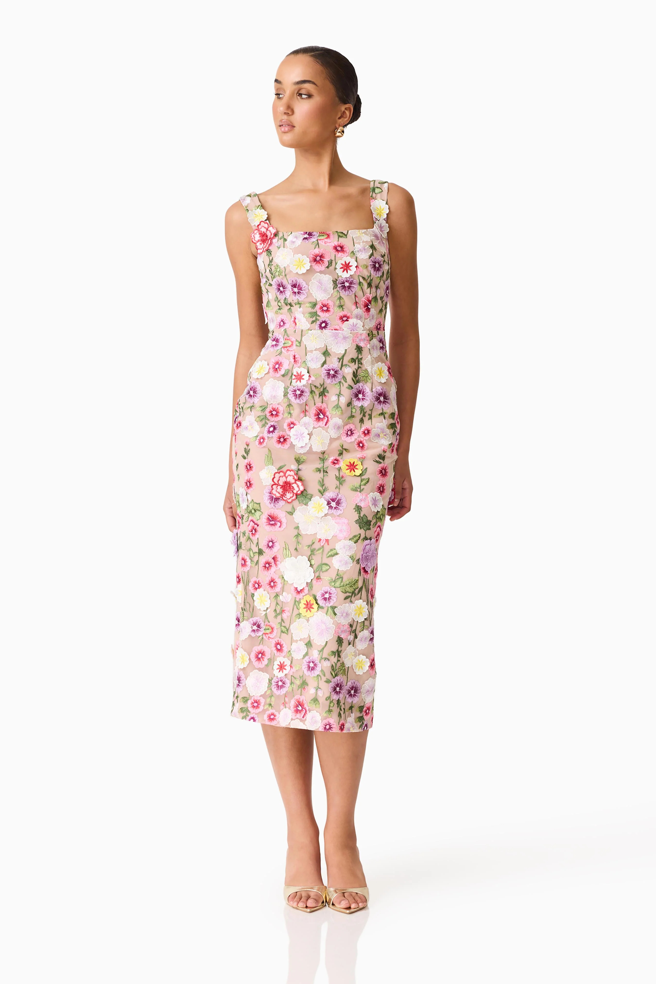 Neve Applique Midi Dress in Pink Floral - Image 3