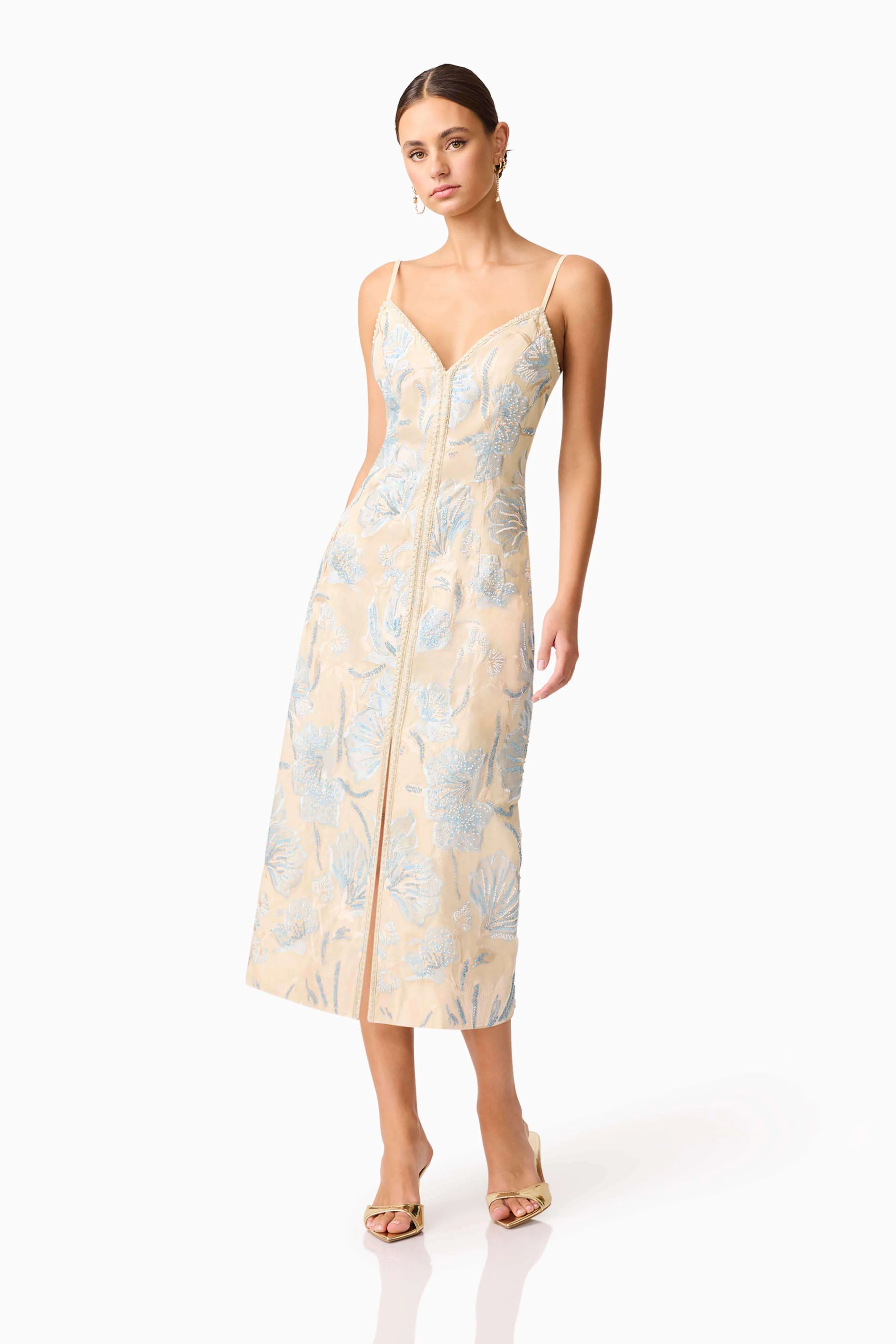 Nia Embroidered Midi Dress in Biege - Image 3