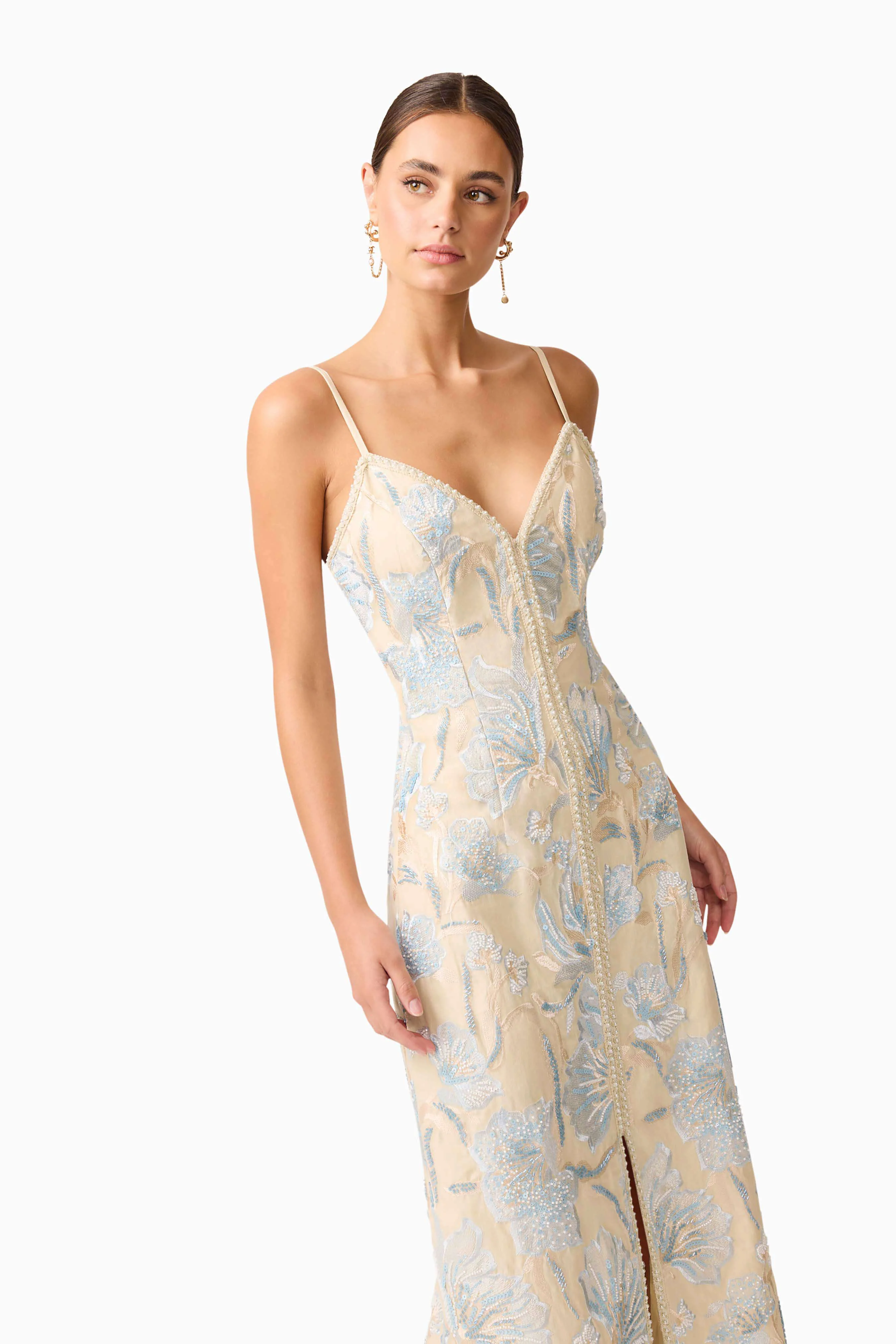 Nia Embroidered Midi Dress in Biege - Image 7