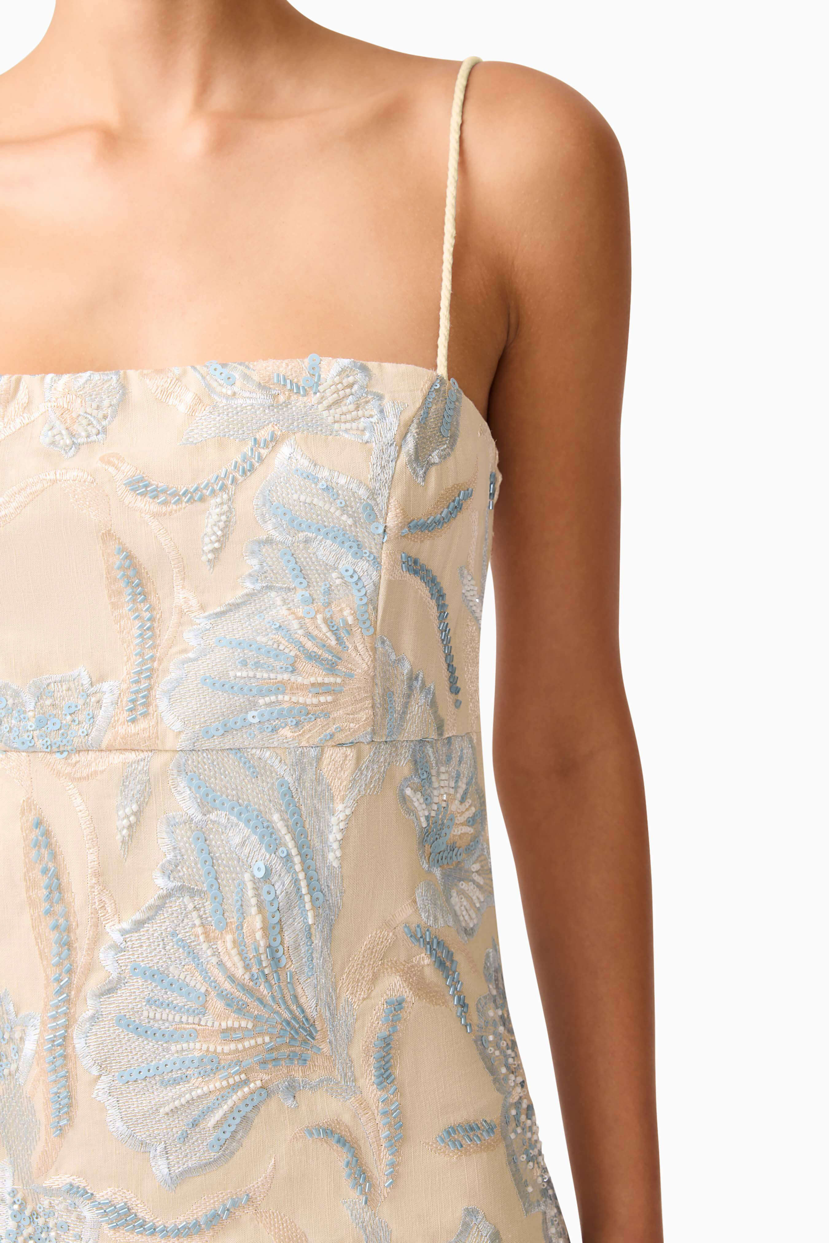 Nia Embroidered Mini Dress in Beige - Image 6