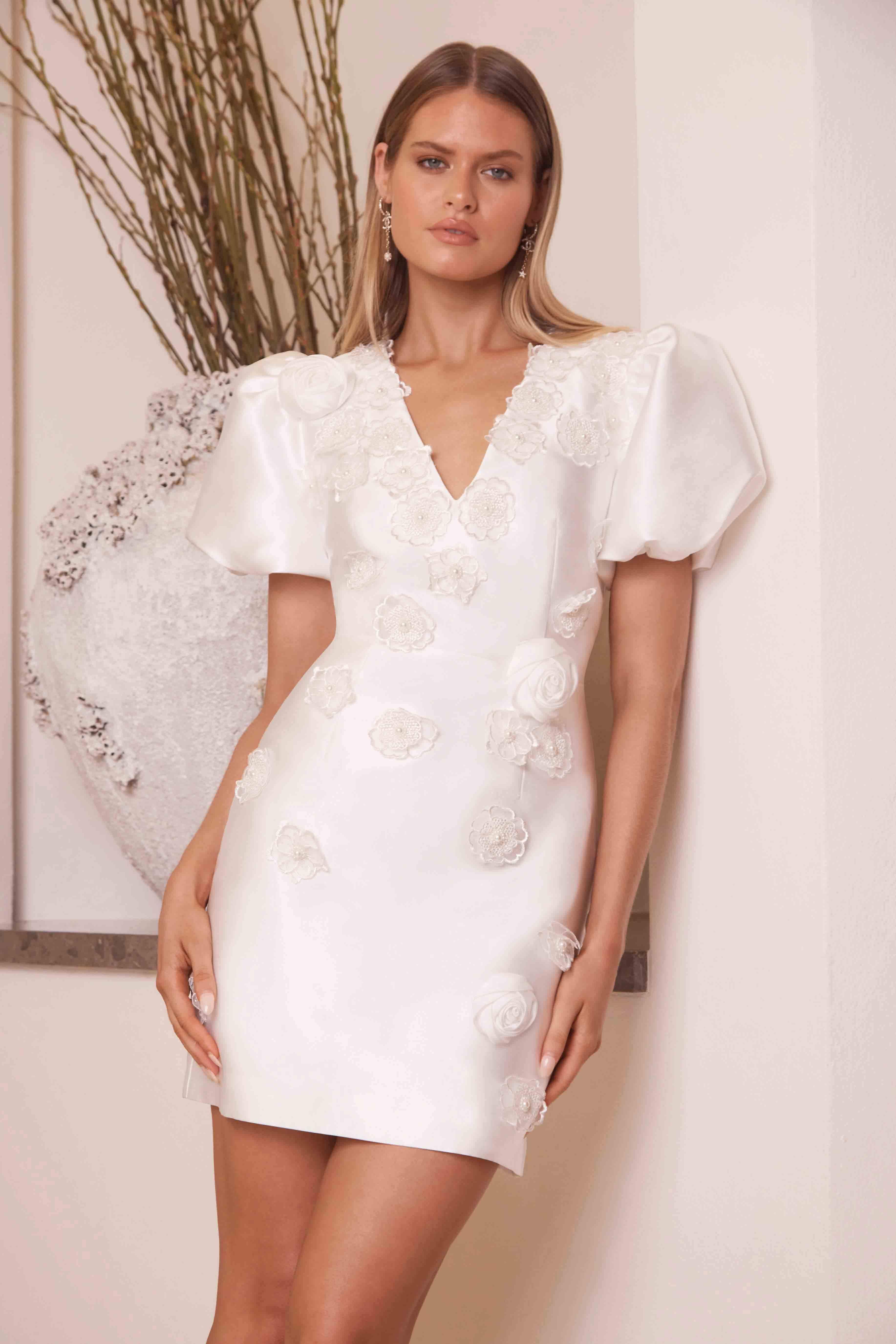 Oleander Mini Puff Sleeve Dress In White - Image 2