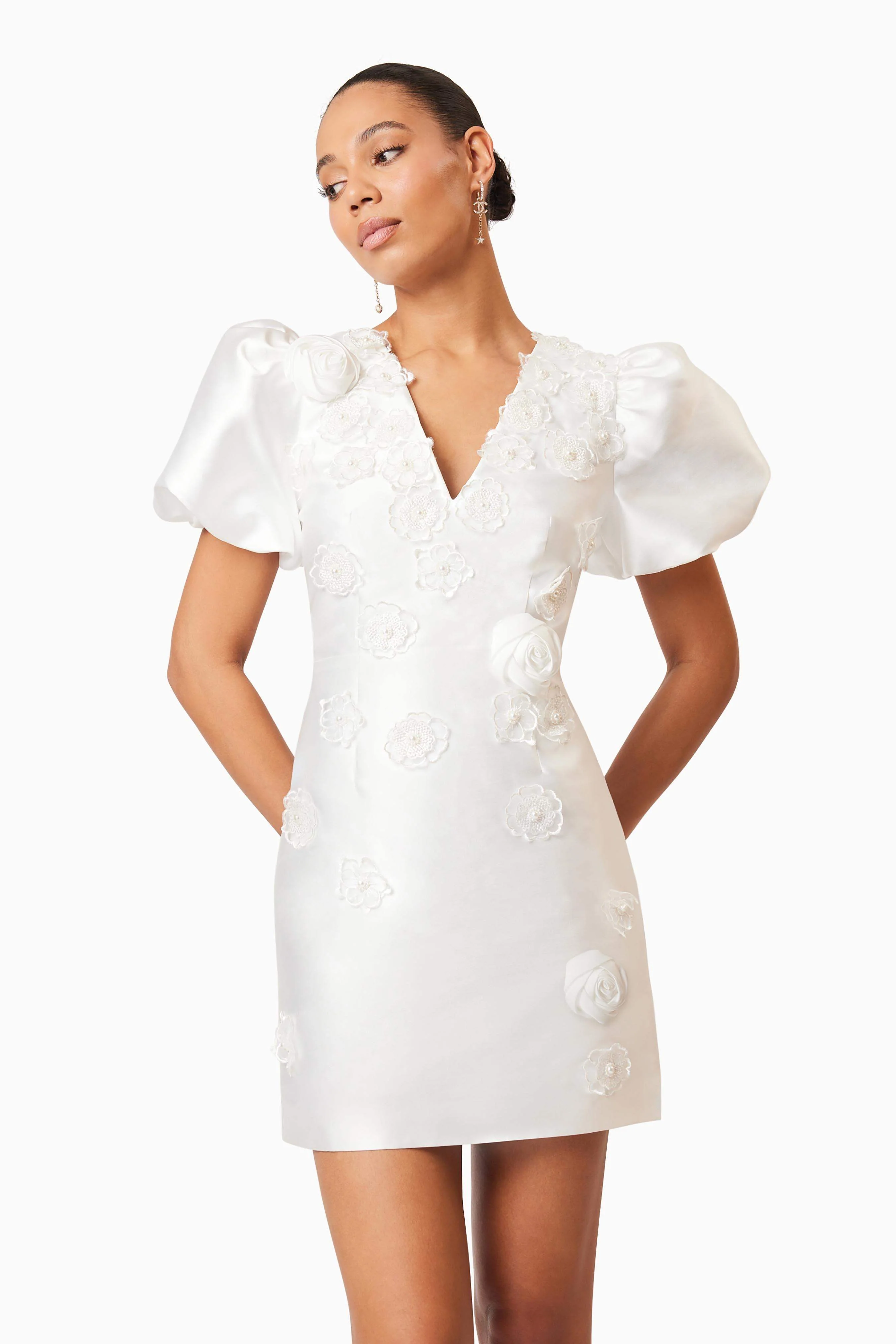 Oleander Mini Puff Sleeve Dress In White - Image 6