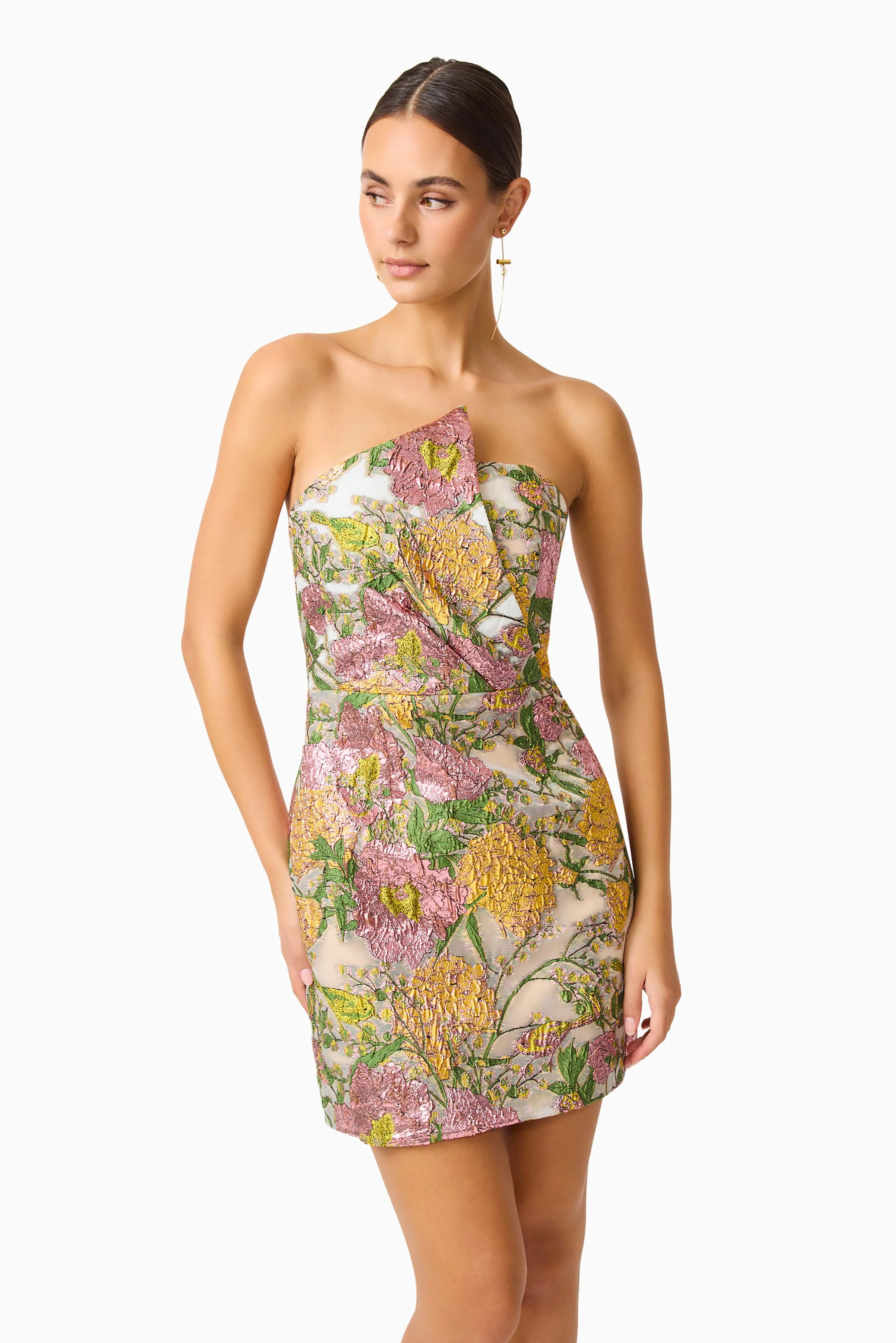 Patricia Strapless Mini Dress in Gold & Purple Floral - Image 7