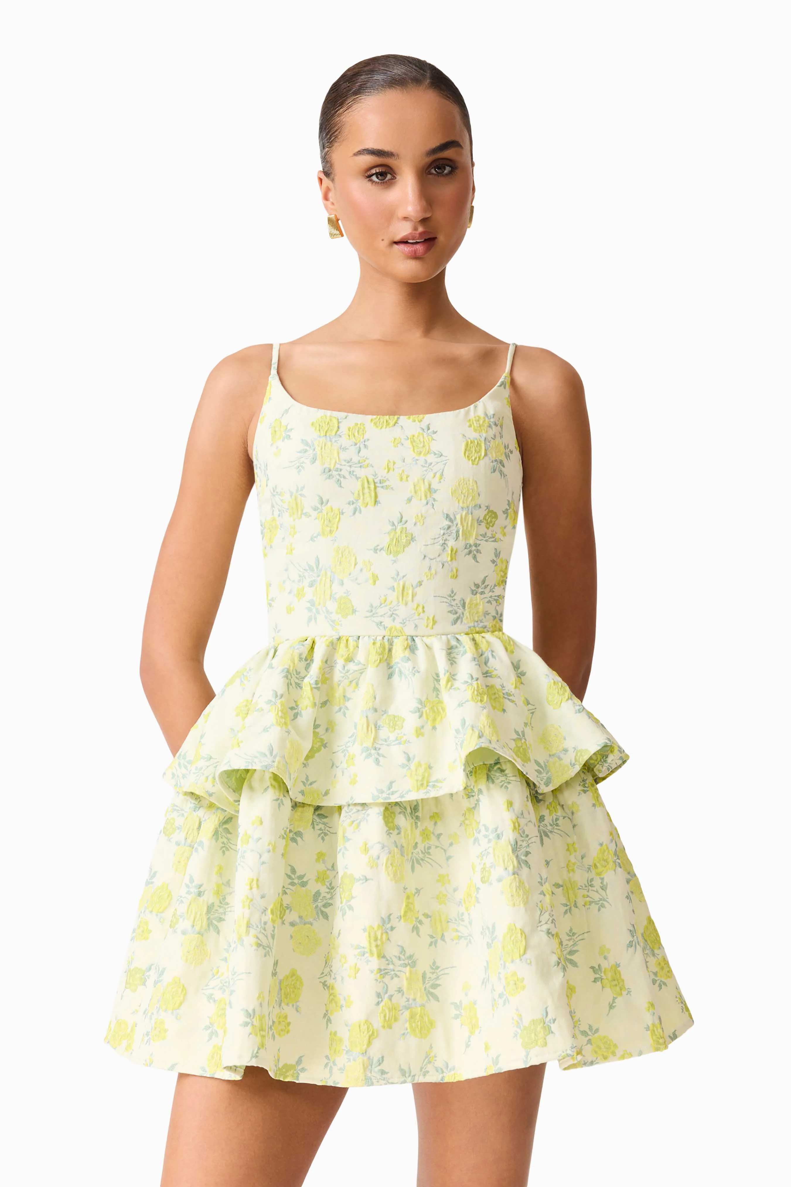 Posey Jacquard Mini Dress in Green Floral - Image 7