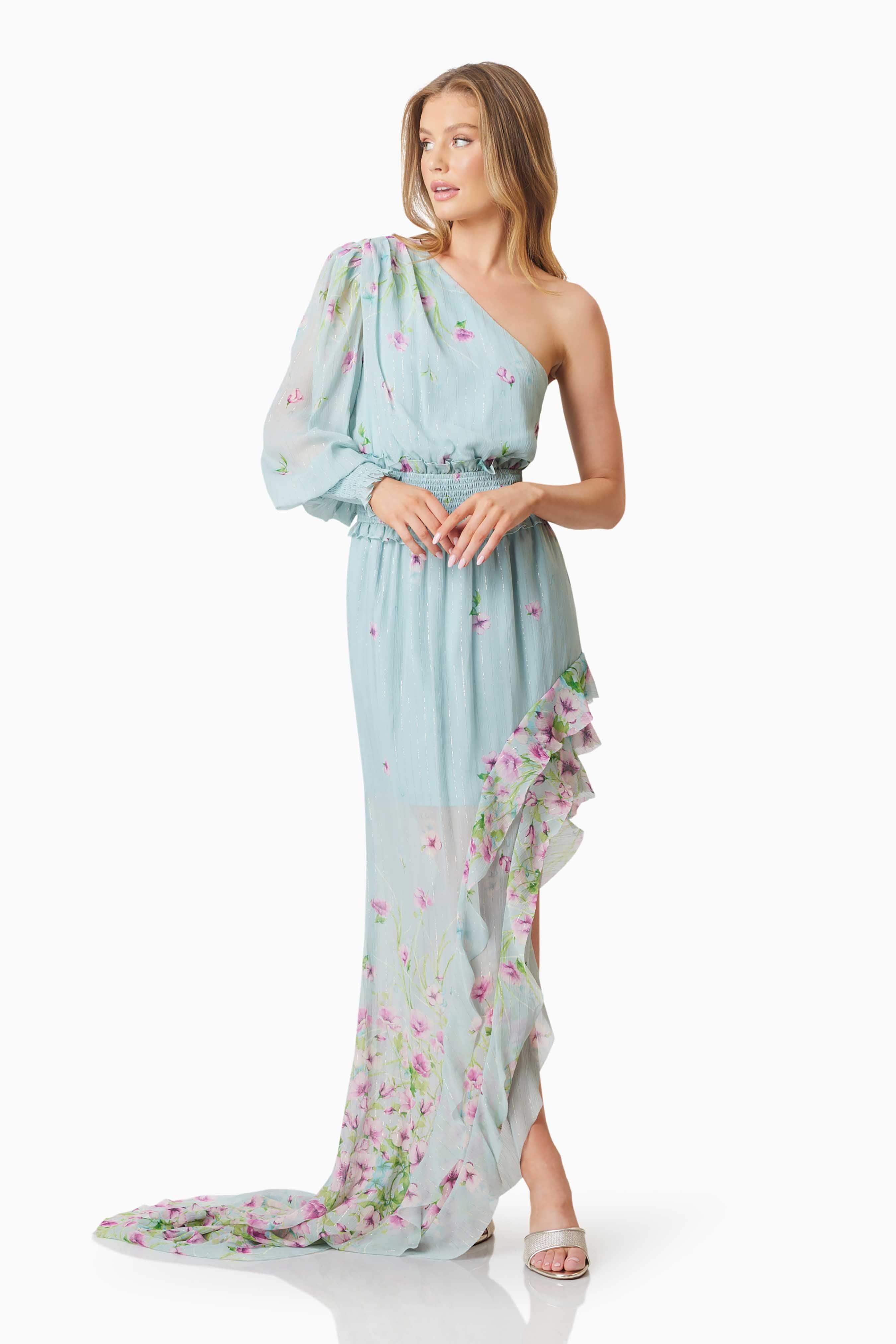 Quilla Hilo One Shoulder Maxi Gown In Blue - Image 4