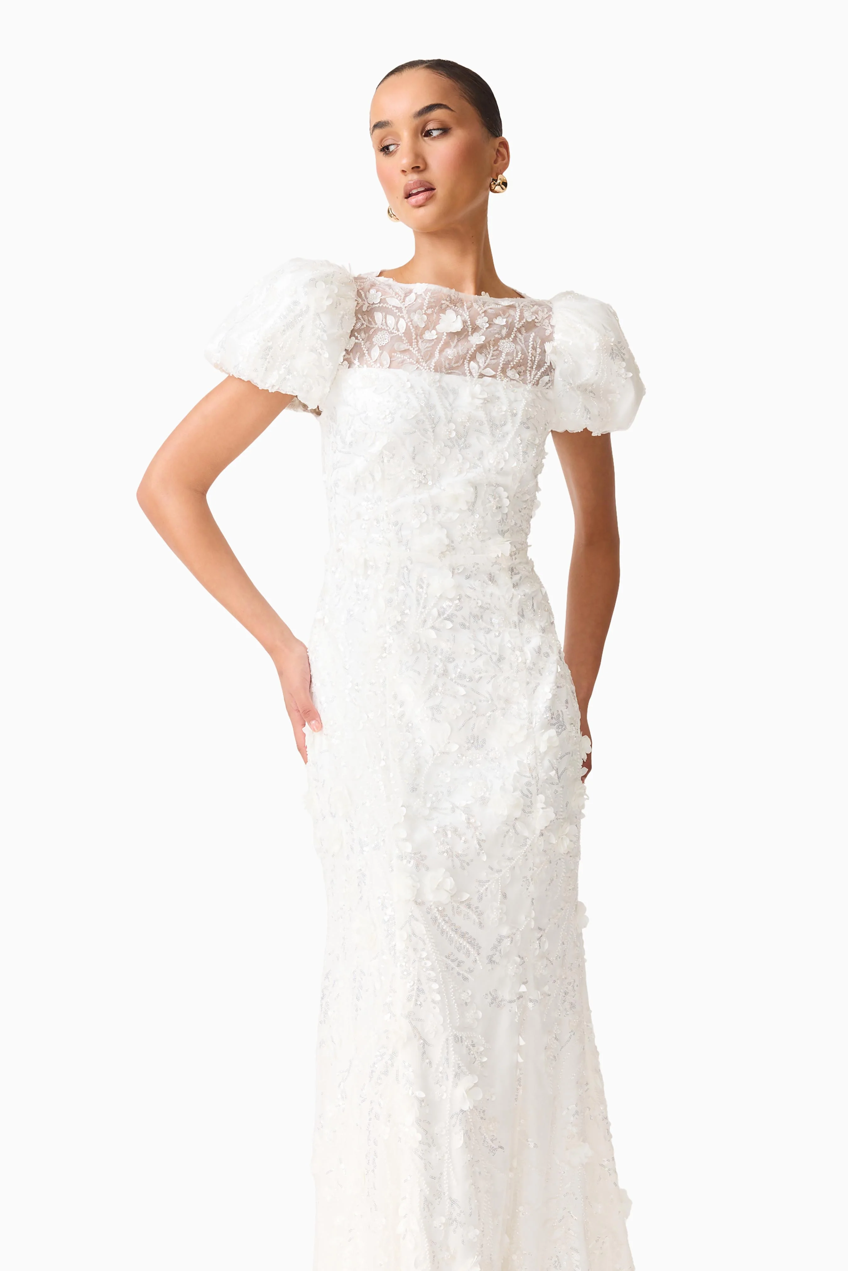 Rina Beaded Puff Sleeve Gown in White - Image 6