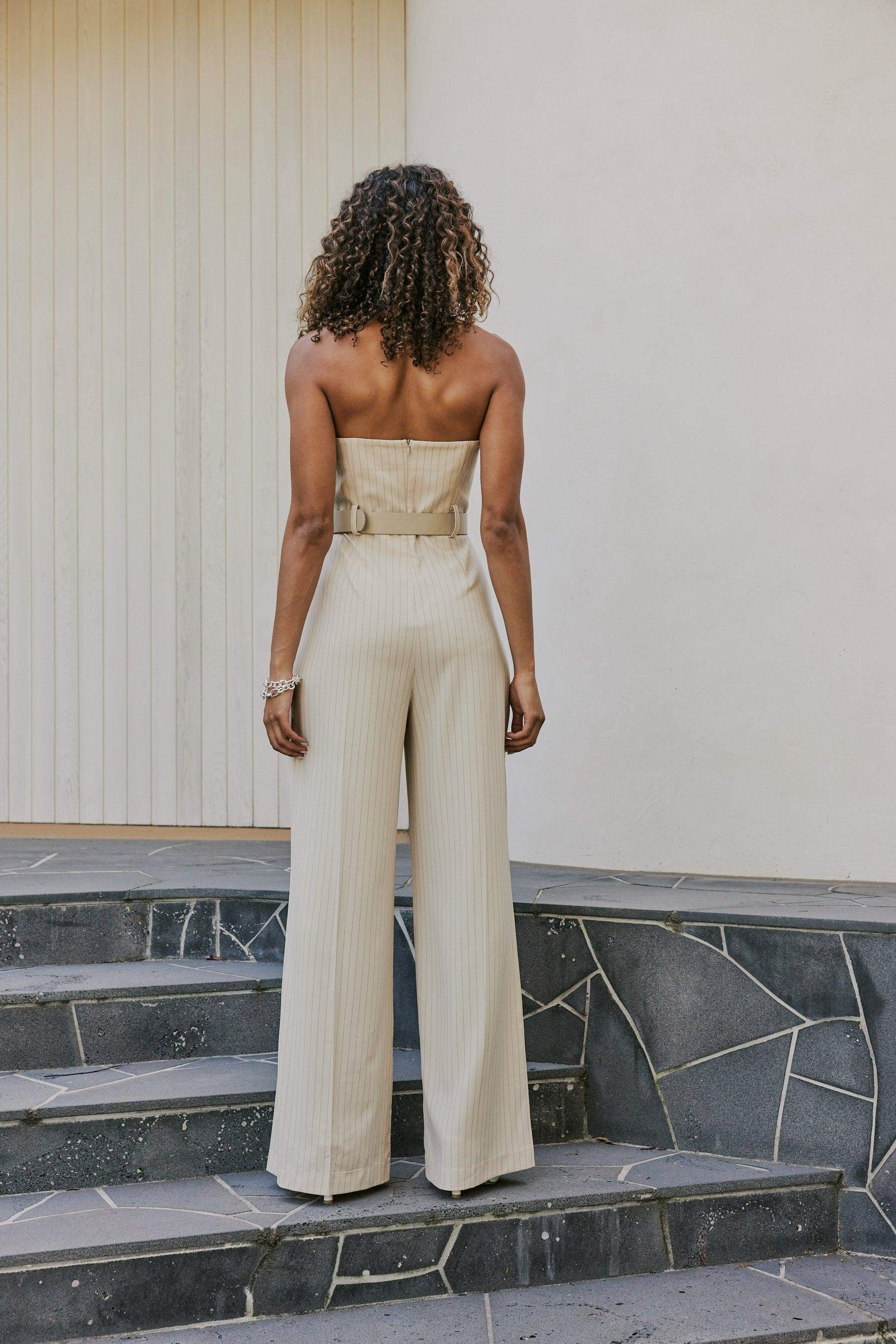 CURAAE Seraphina Tailored Pinstripe Jumpsuit In Beige - Image 4