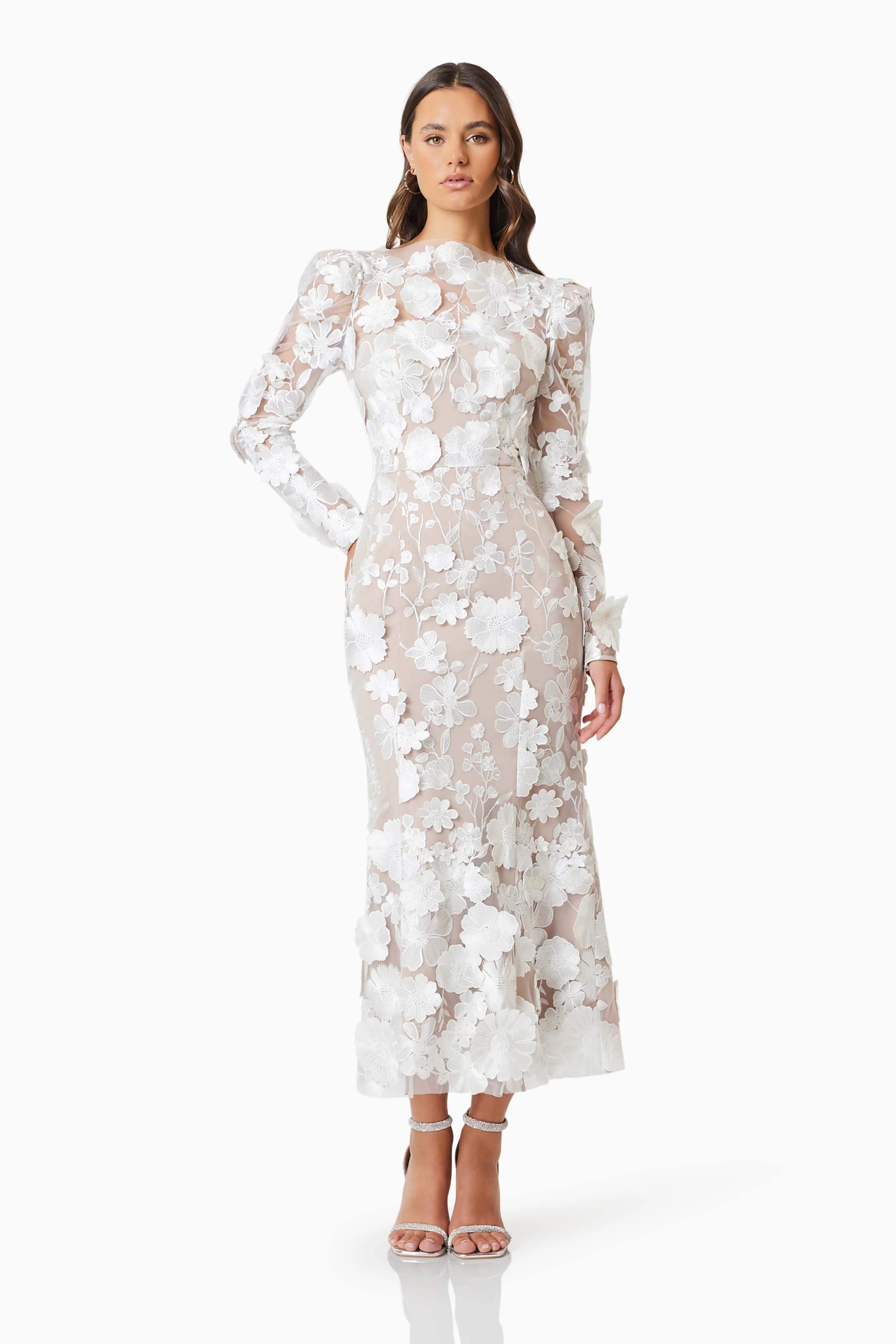 Shannon 3D Floral Midi Dress In White - Image 3