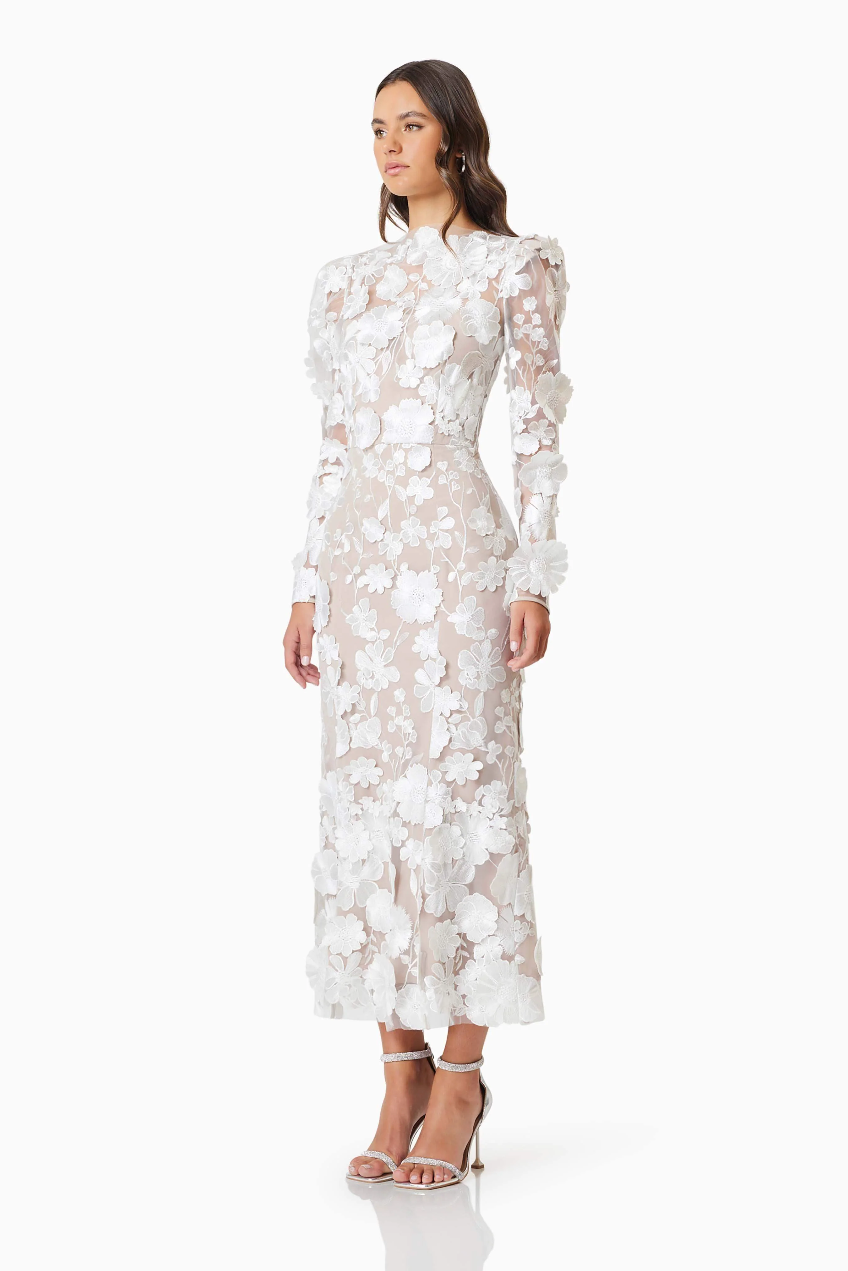 Shannon 3D Floral Midi Dress In White - Image 4