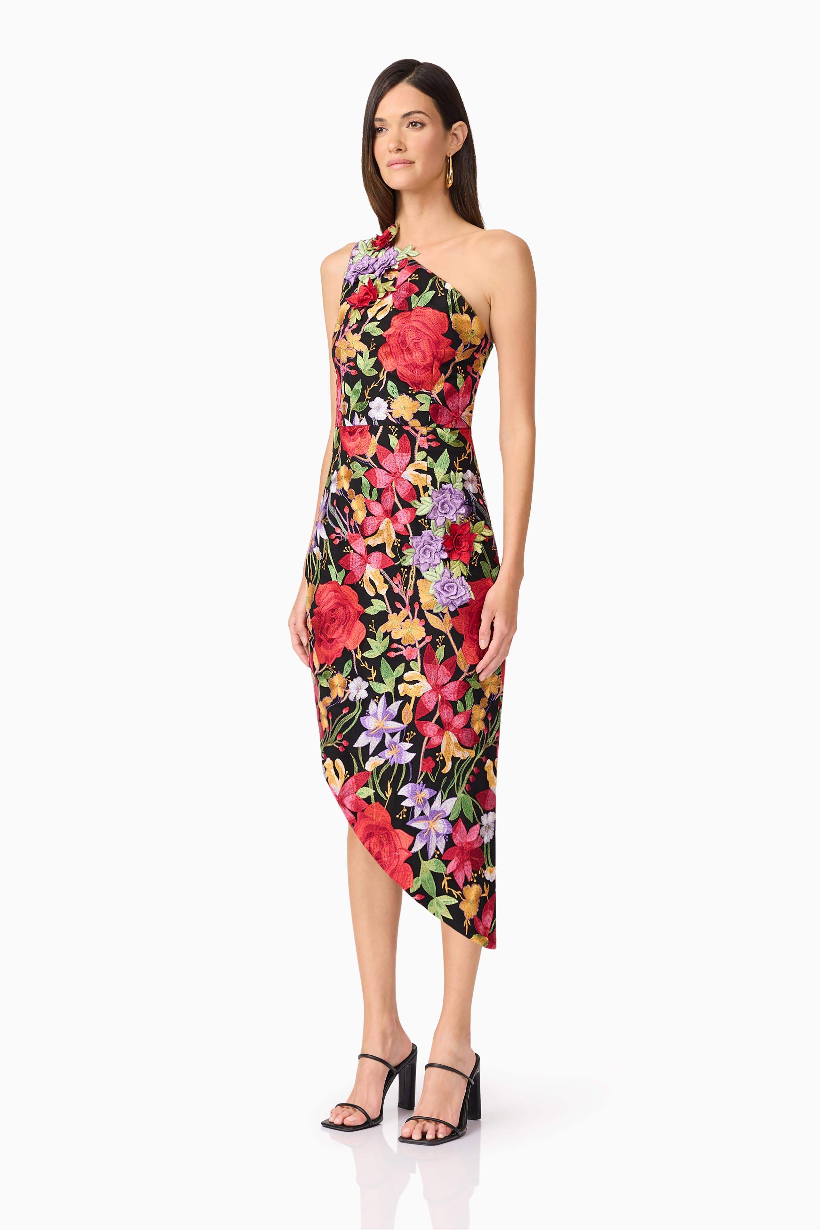 Talia Asymmetrical Midi Dress in Black Floral - Image 3