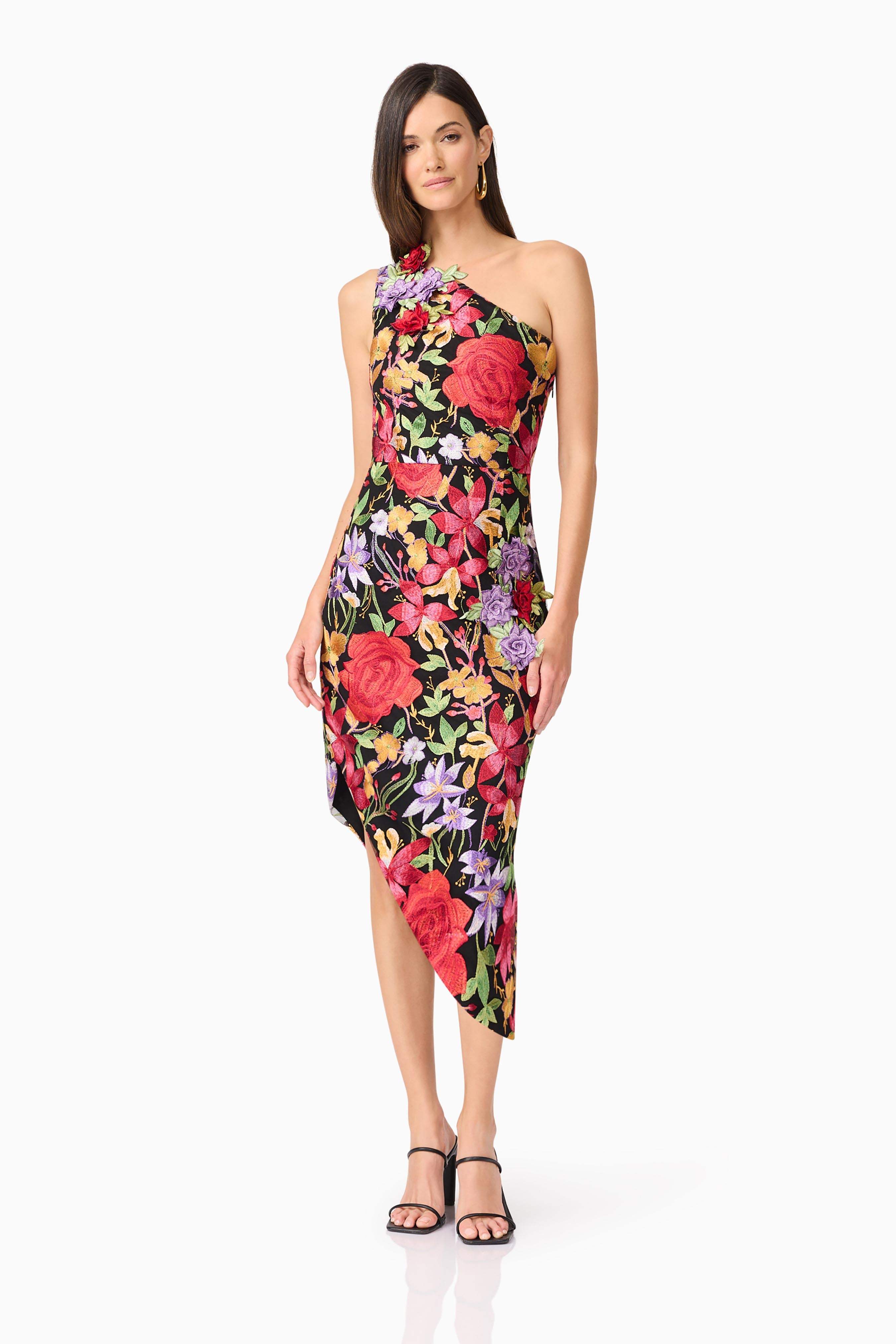 Talia Asymmetrical Midi Dress in Black Floral - Image 4