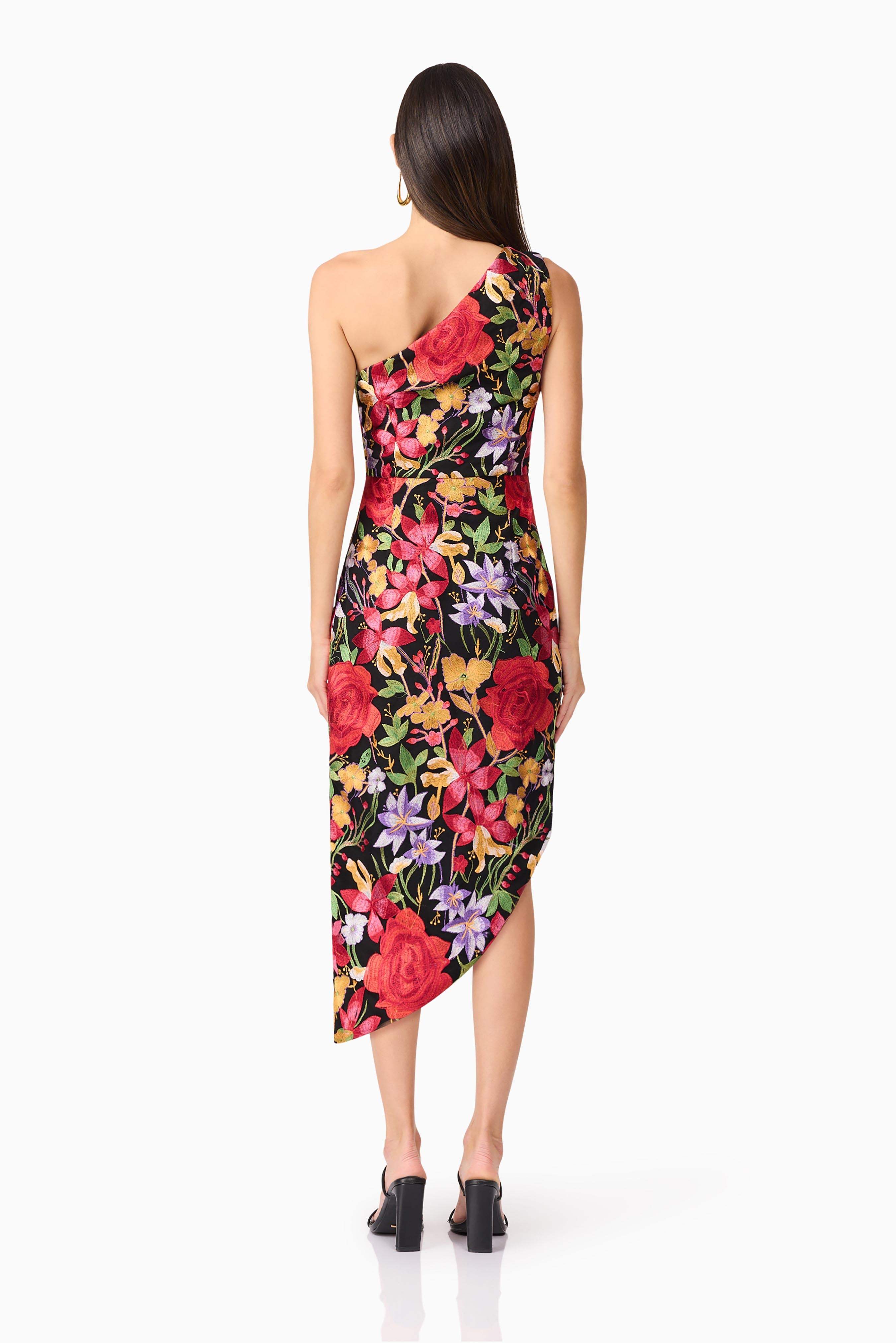 Talia Asymmetrical Midi Dress in Black Floral - Image 5