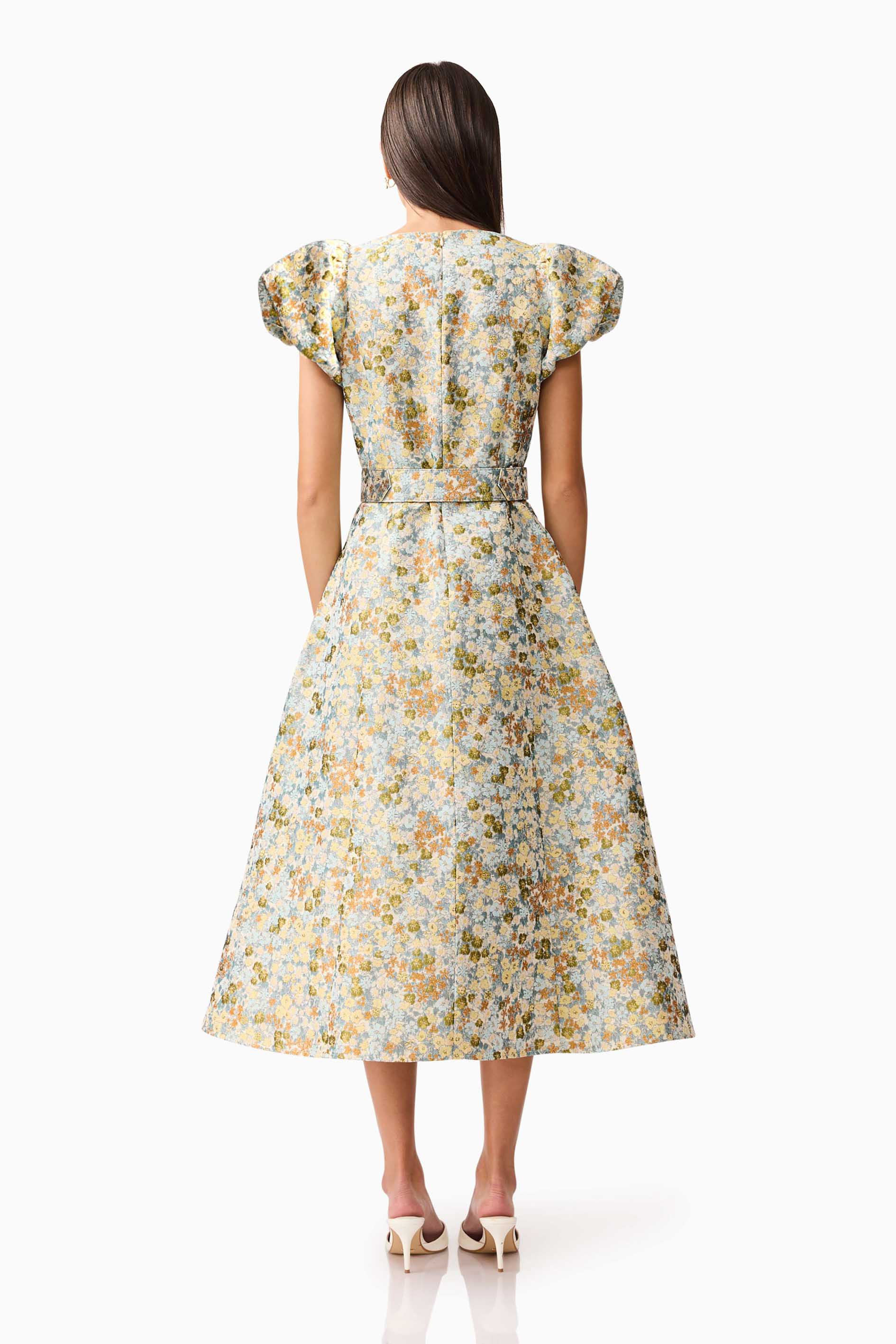Tasmin Puff Sleeve Midi Dress in Blue & Yellow Floral - Image 4