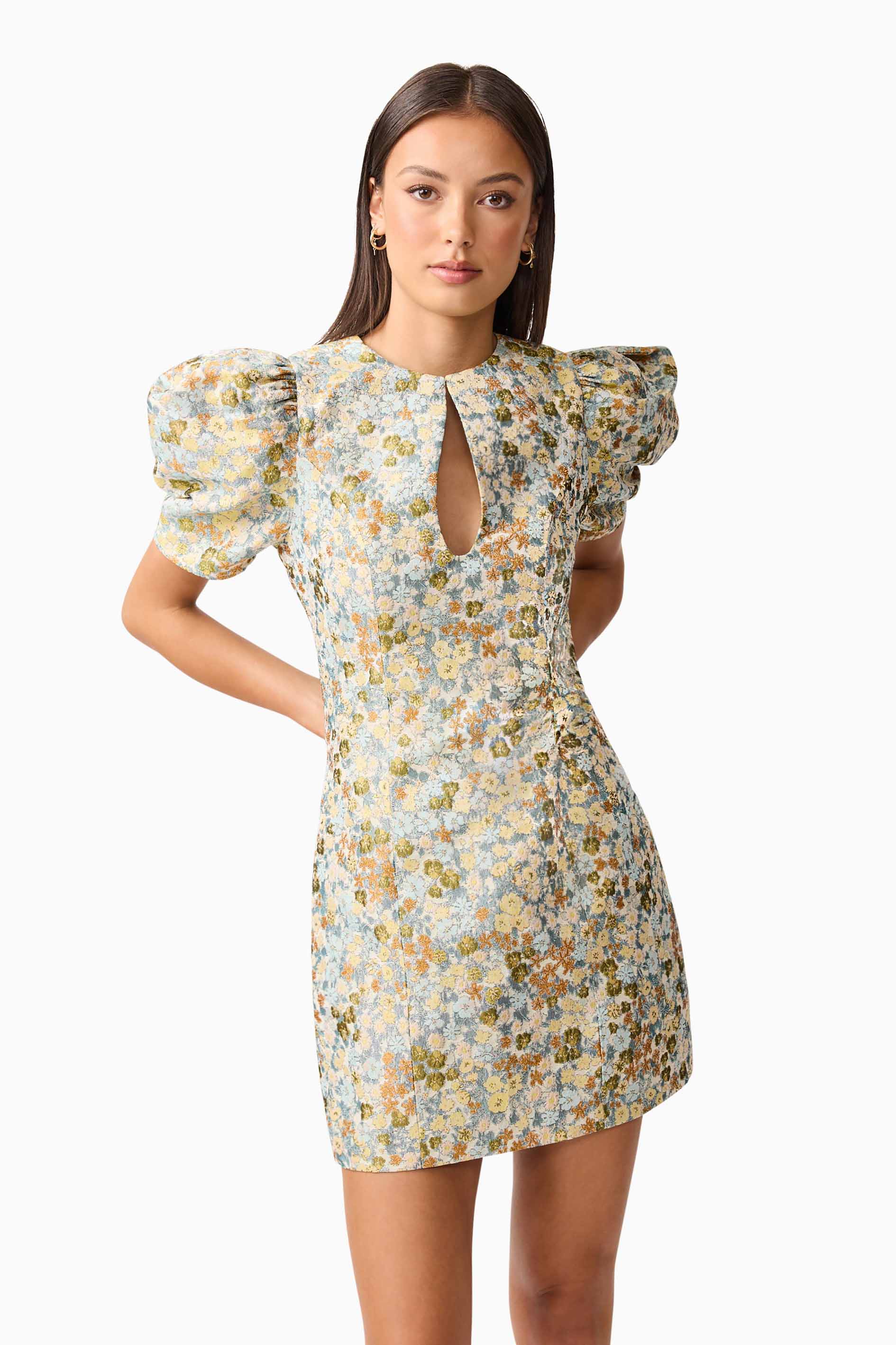 Tasmin Puff Sleeve Mini Dress in Blue & Yellow Floral - Image 2