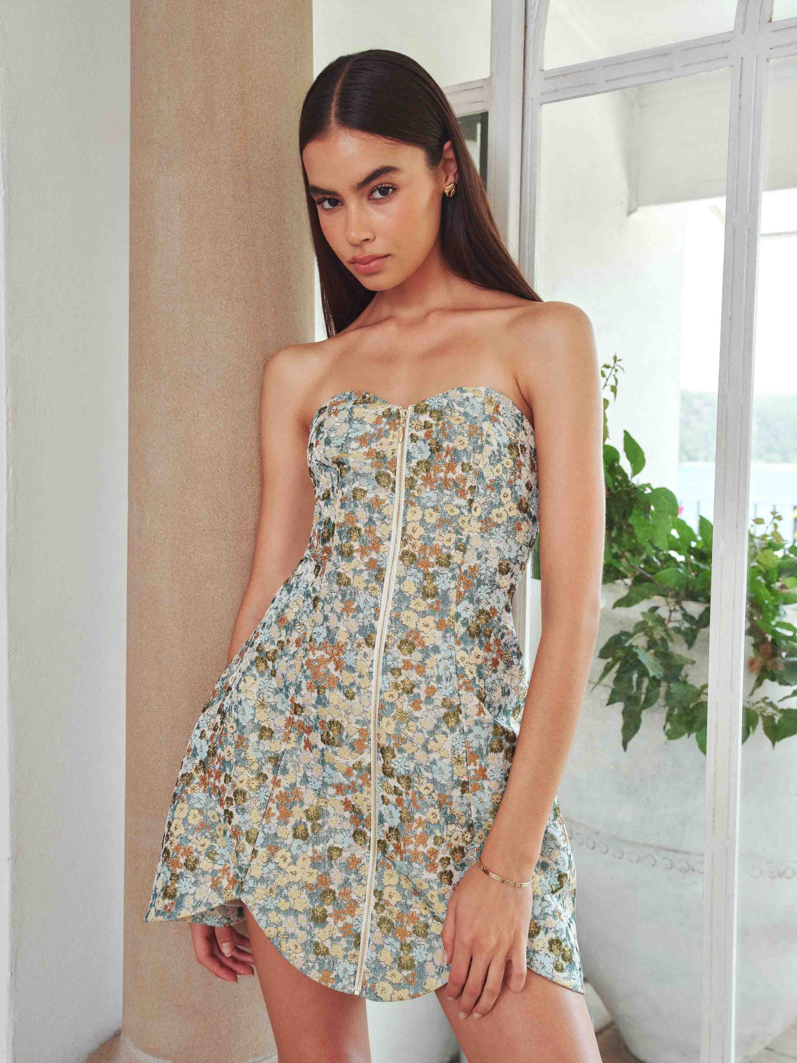 Tasmin Strapless Mini Dress in Blue & Yellow Floral - Image 2