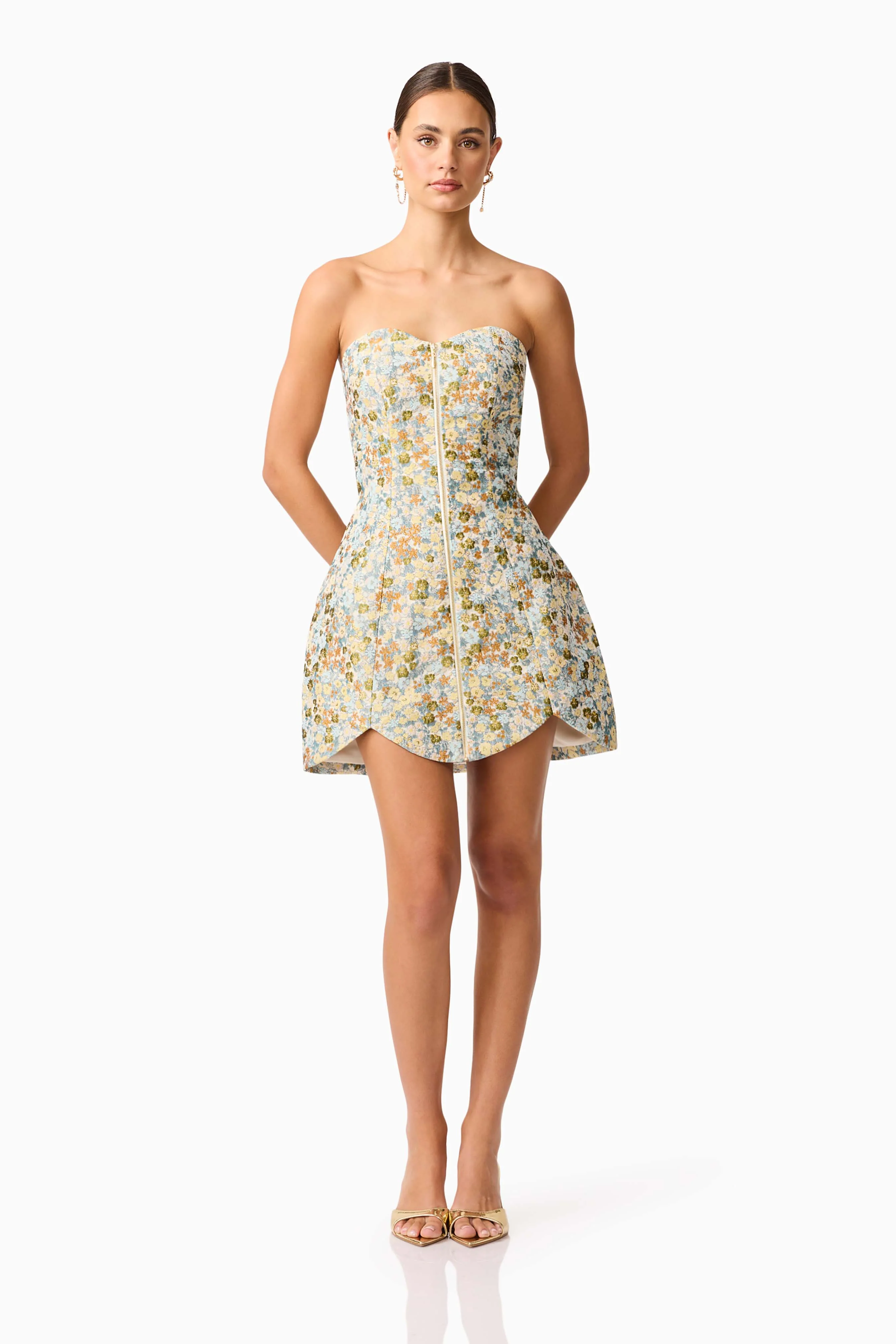 Tasmin Strapless Mini Dress in Blue & Yellow Floral - Image 4
