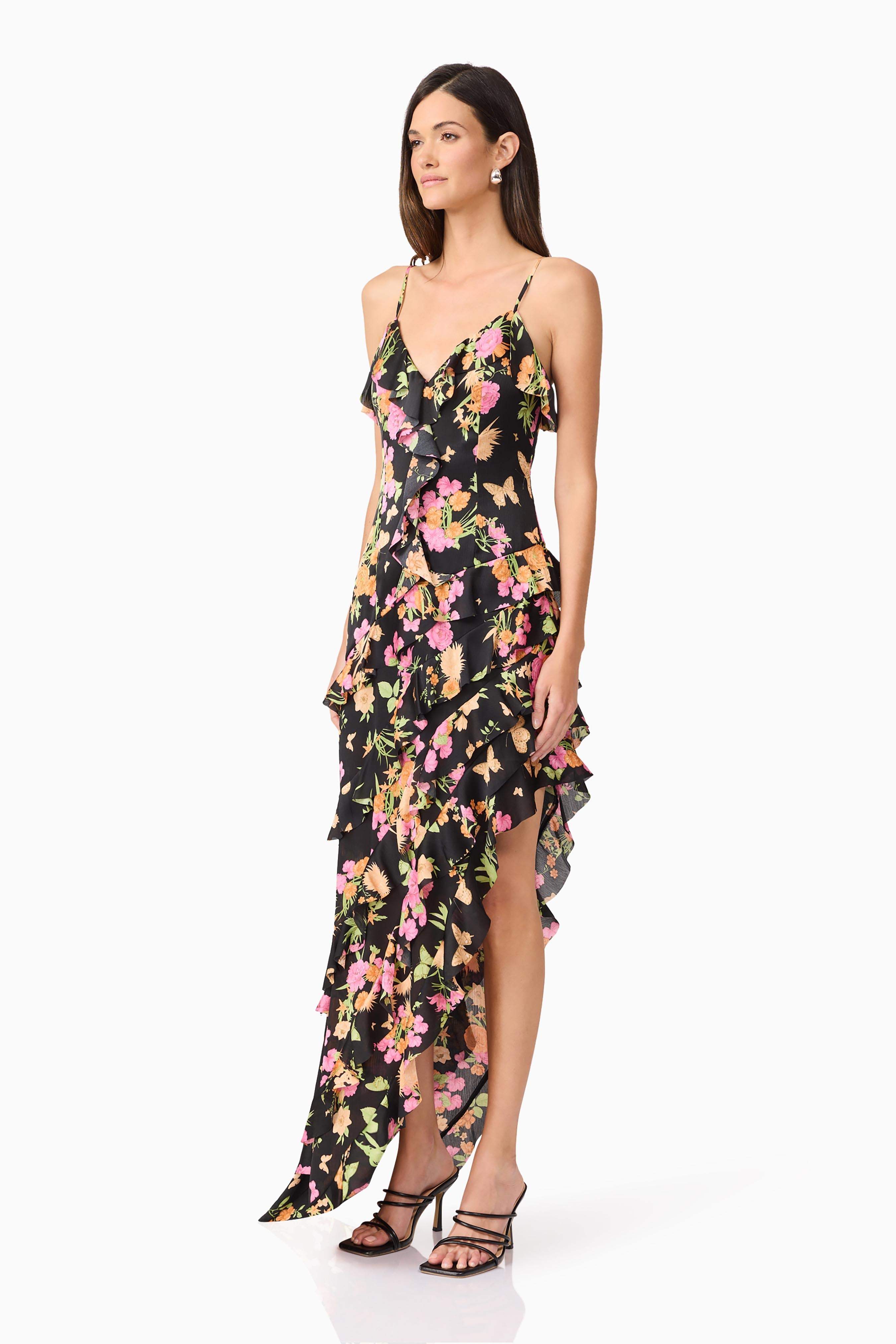 Tess Floral Asymmetrical Maxi Dress in Black - Image 3