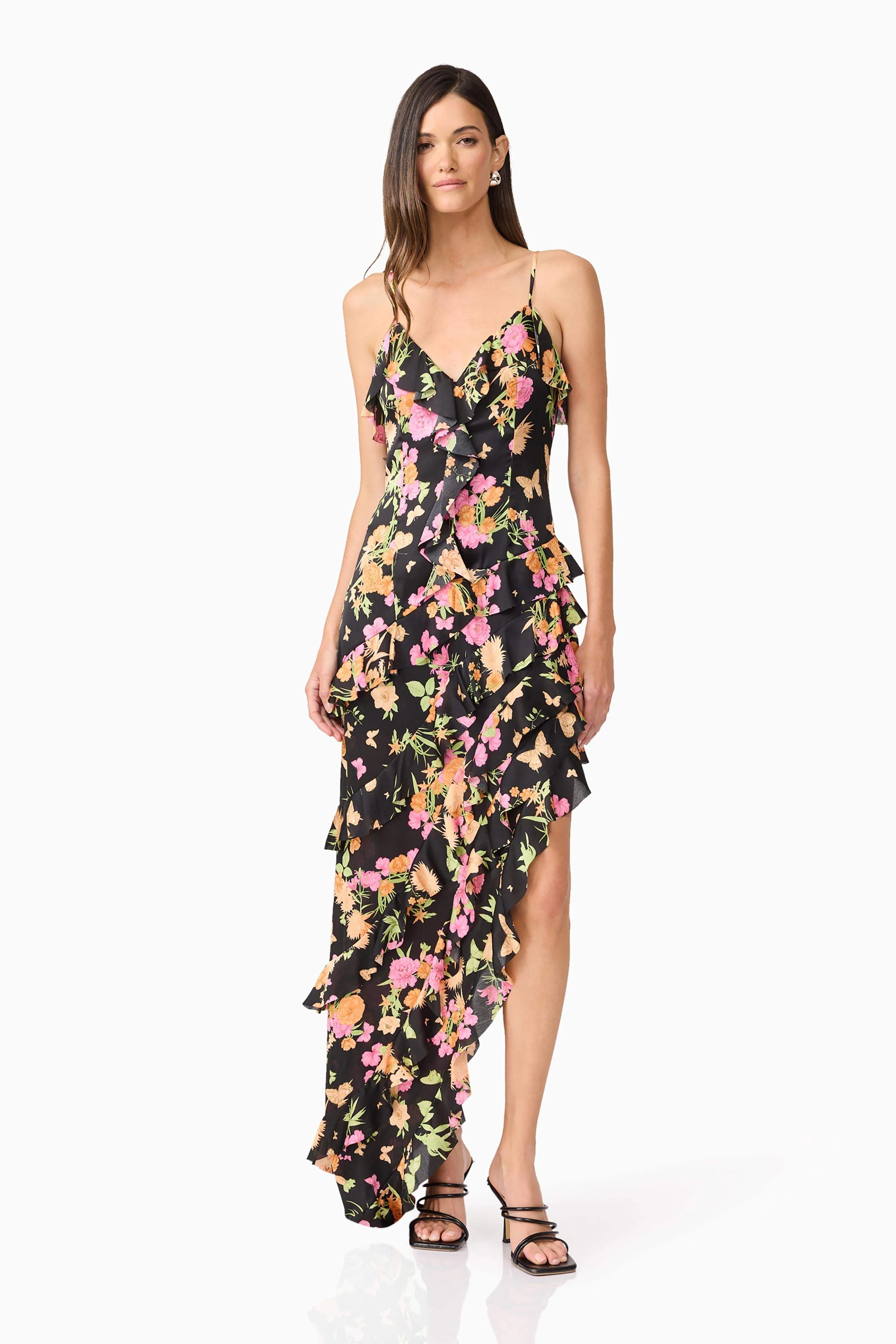 Tess Floral Asymmetrical Maxi Dress in Black - Image 4