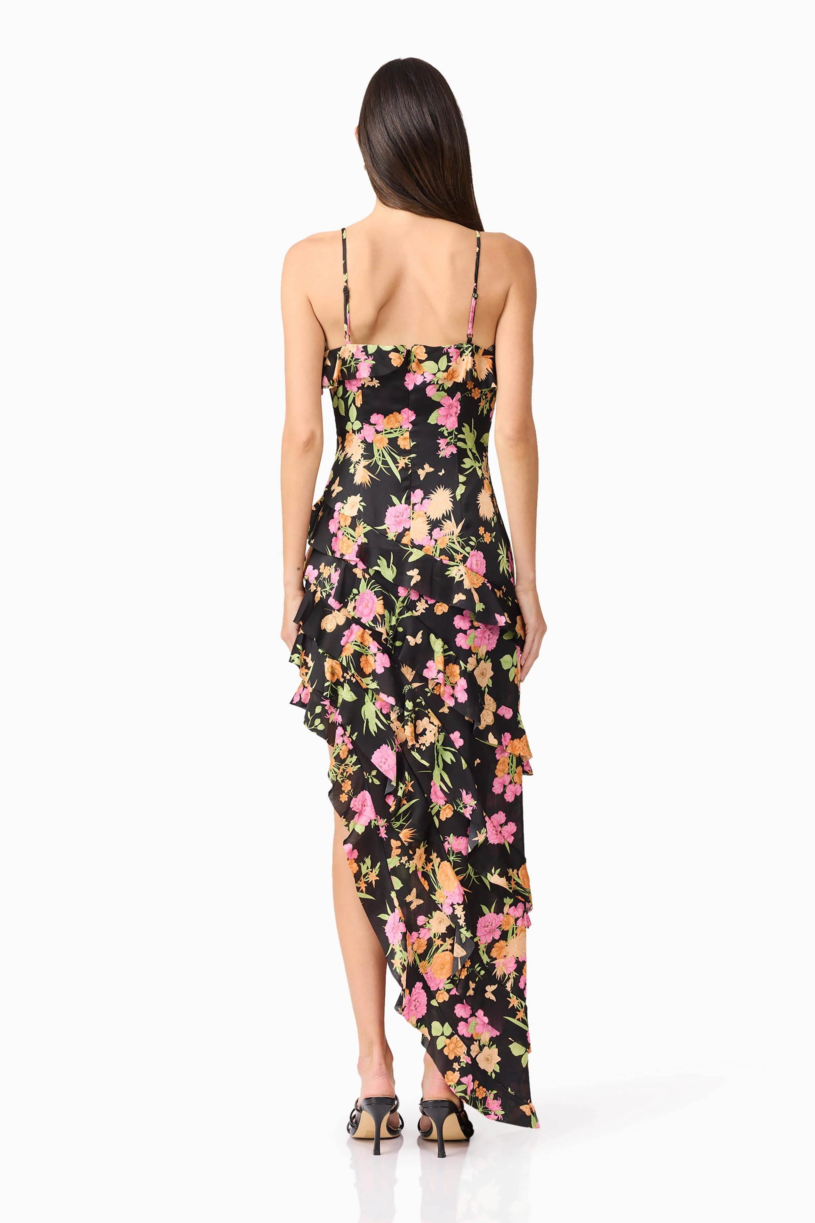 Tess Floral Asymmetrical Maxi Dress in Black - Image 5