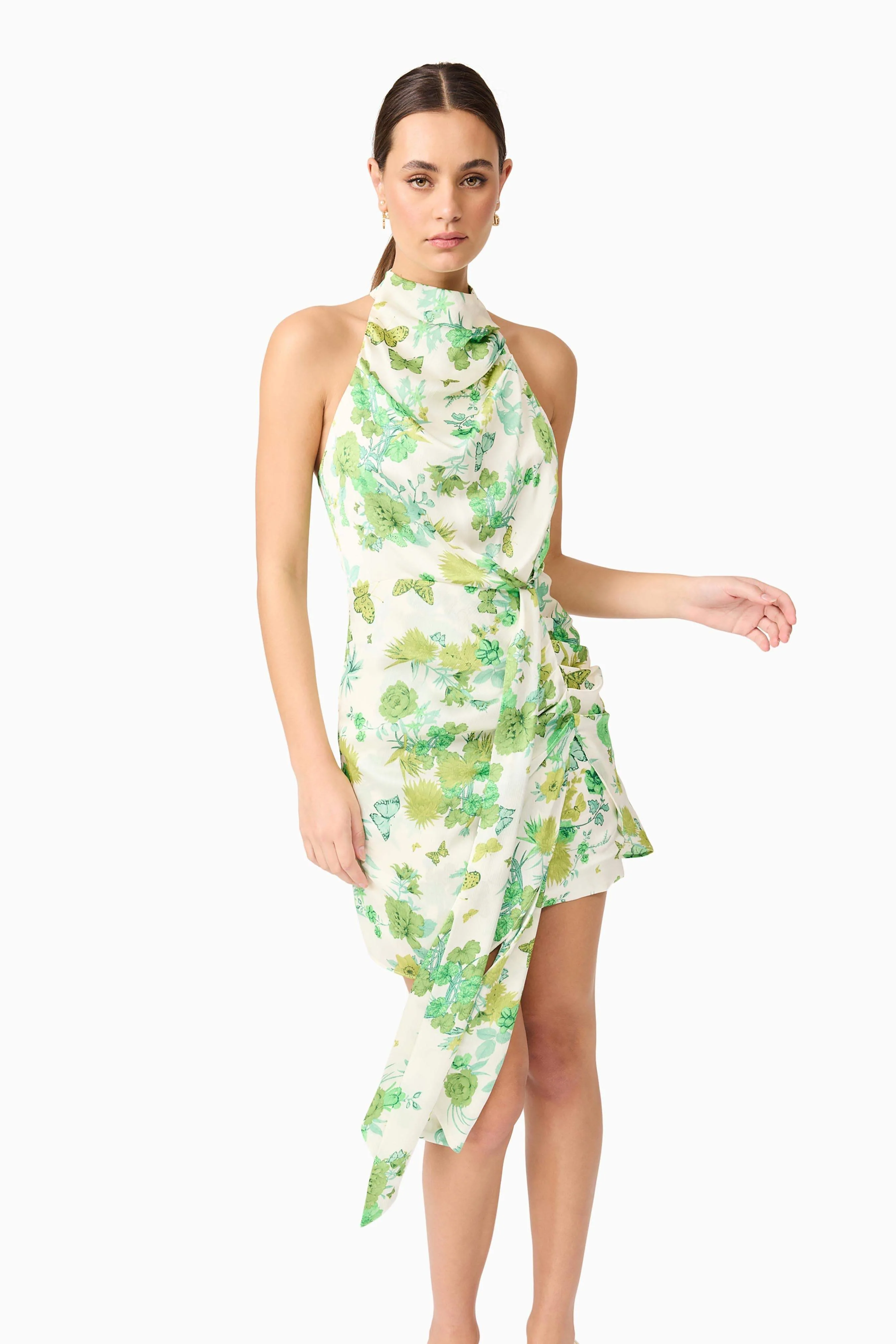 Tess Floral Halter Mini Dress in Green - Image 2