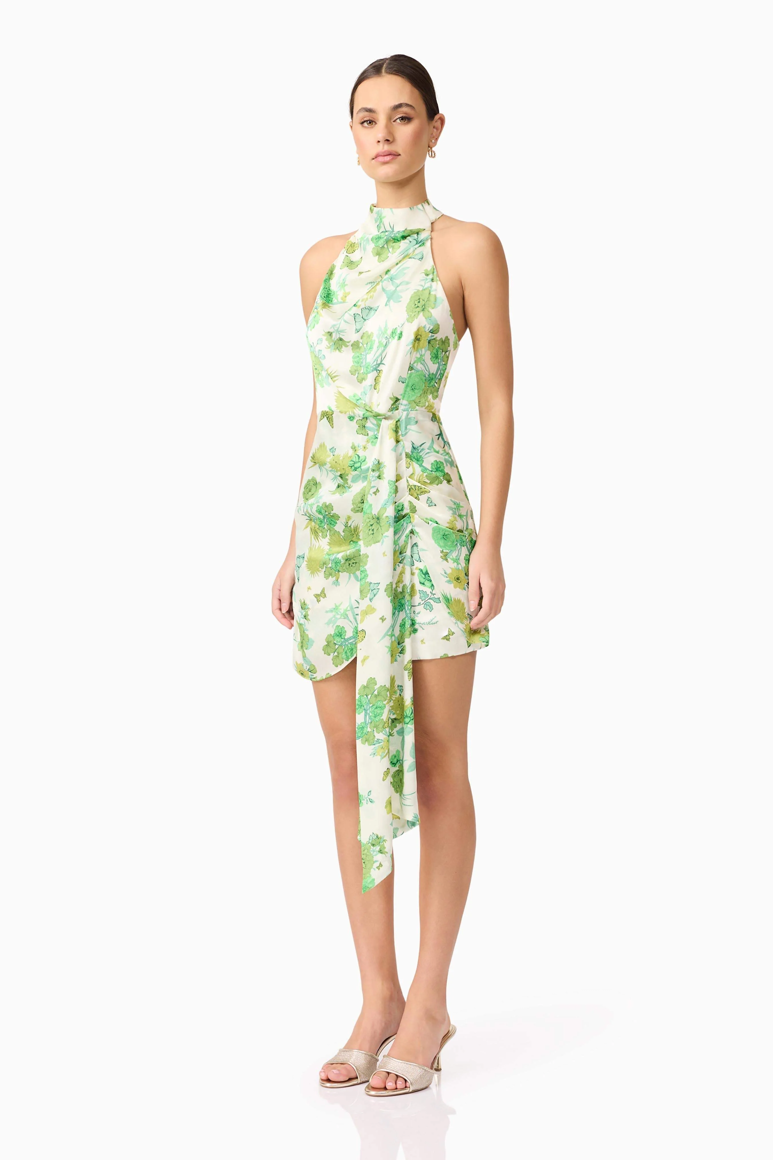 Tess Floral Halter Mini Dress in Green - Image 3