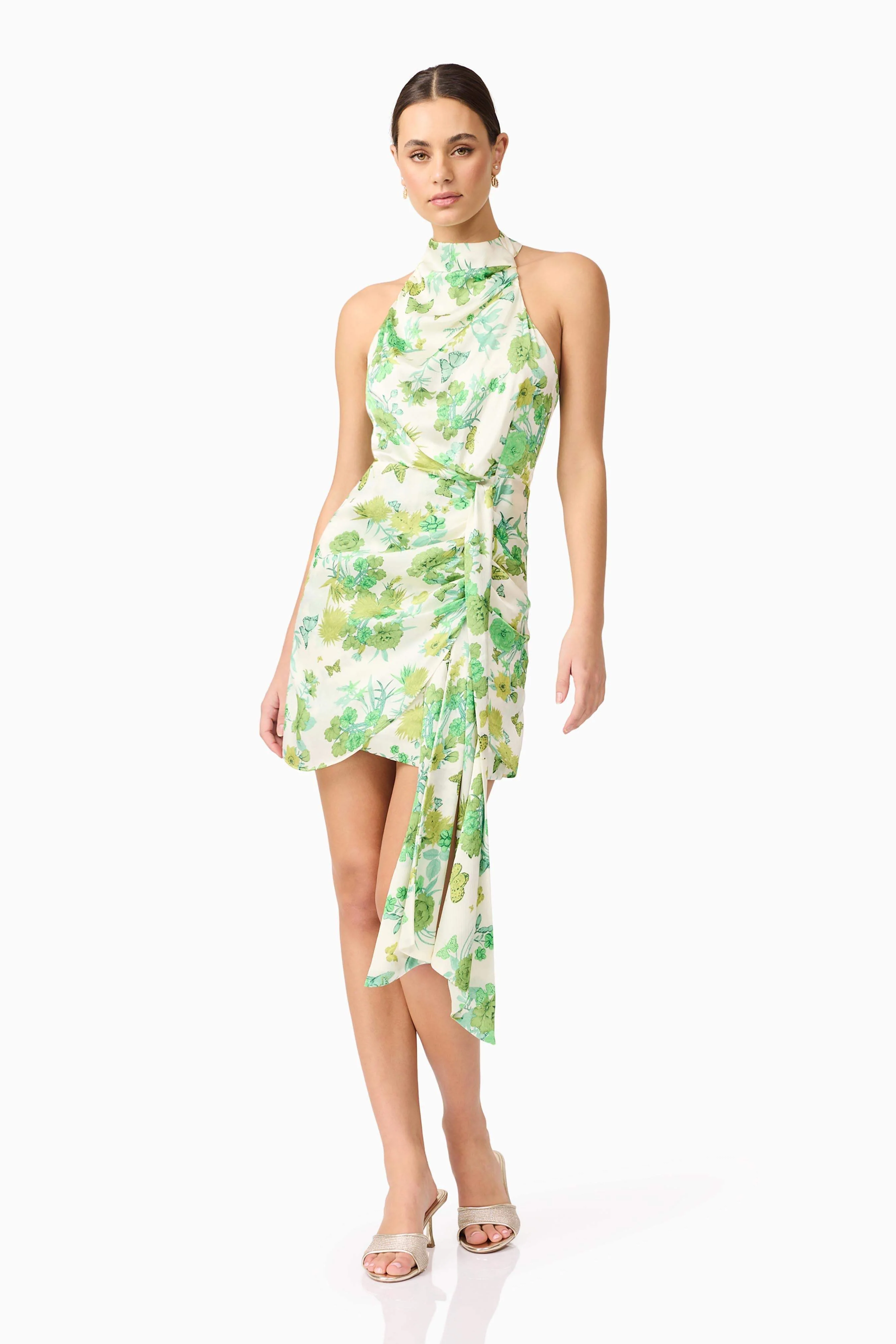 Tess Floral Halter Mini Dress in Green - Image 4