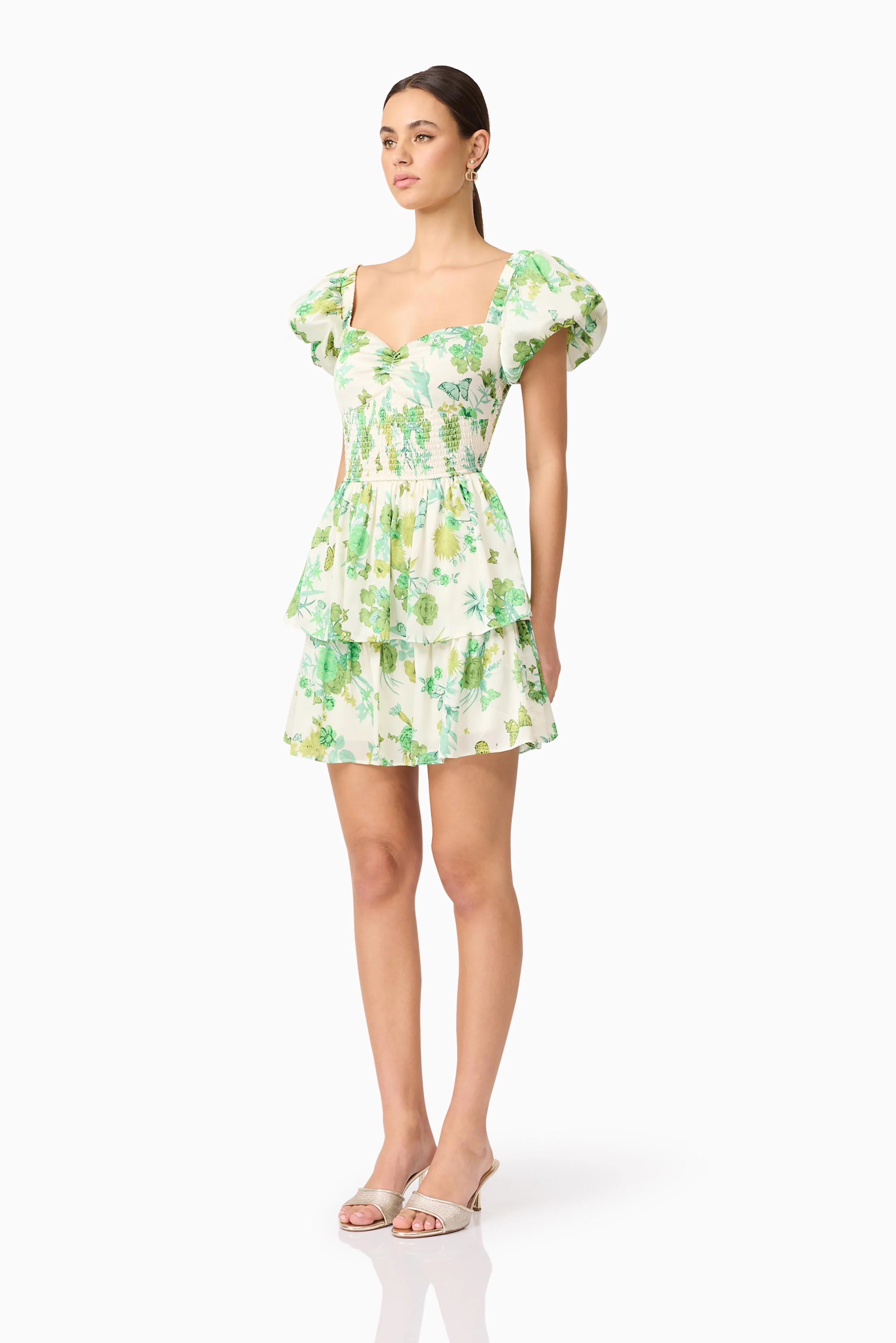 Tess Puff Sleeve Mini Dress in Green - Image 3