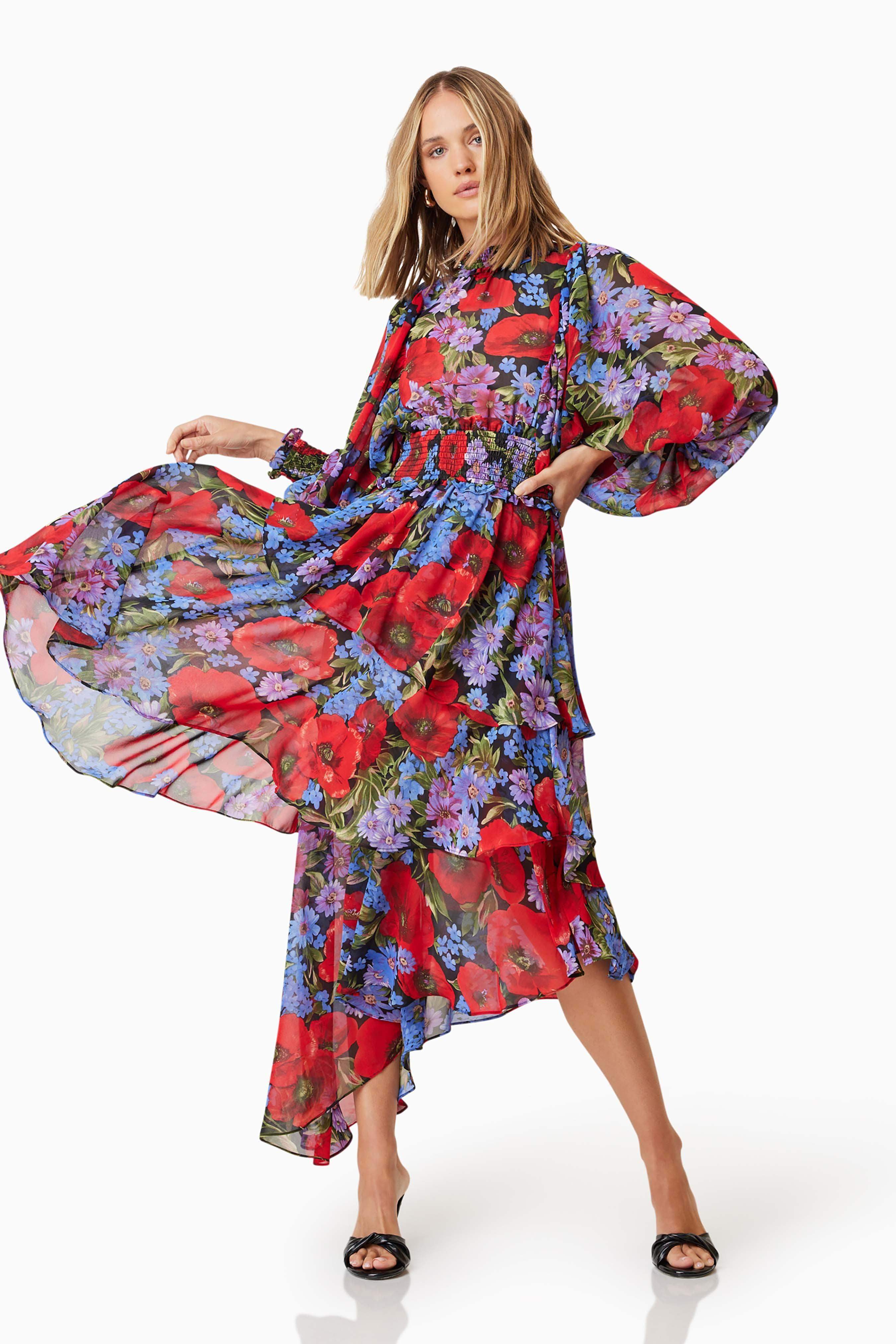 Thea Long Sleeve Floral Midi Dress in Red - Image 2