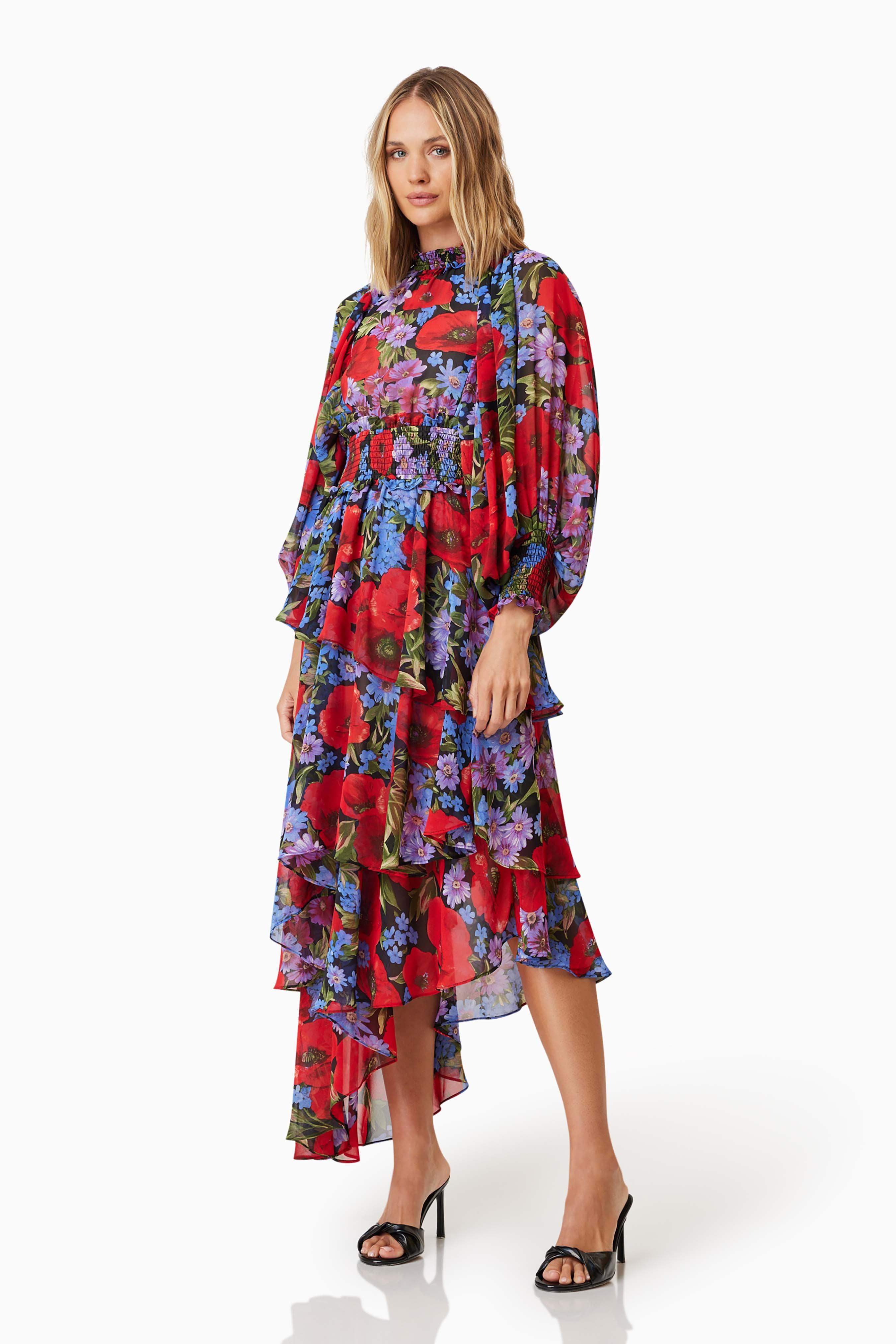 Thea Long Sleeve Floral Midi Dress in Red - Image 3