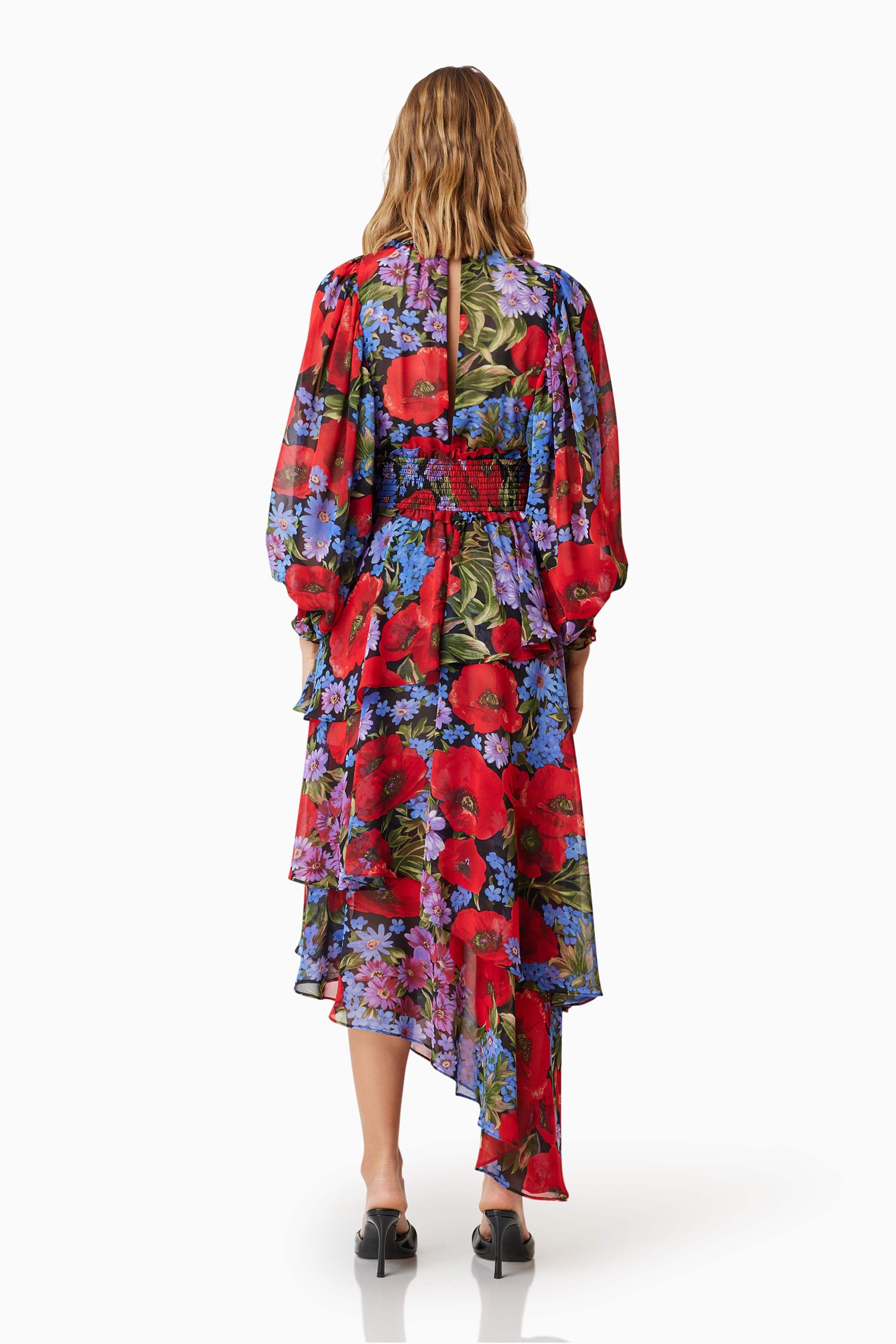 Thea Long Sleeve Floral Midi Dress in Red - Image 4