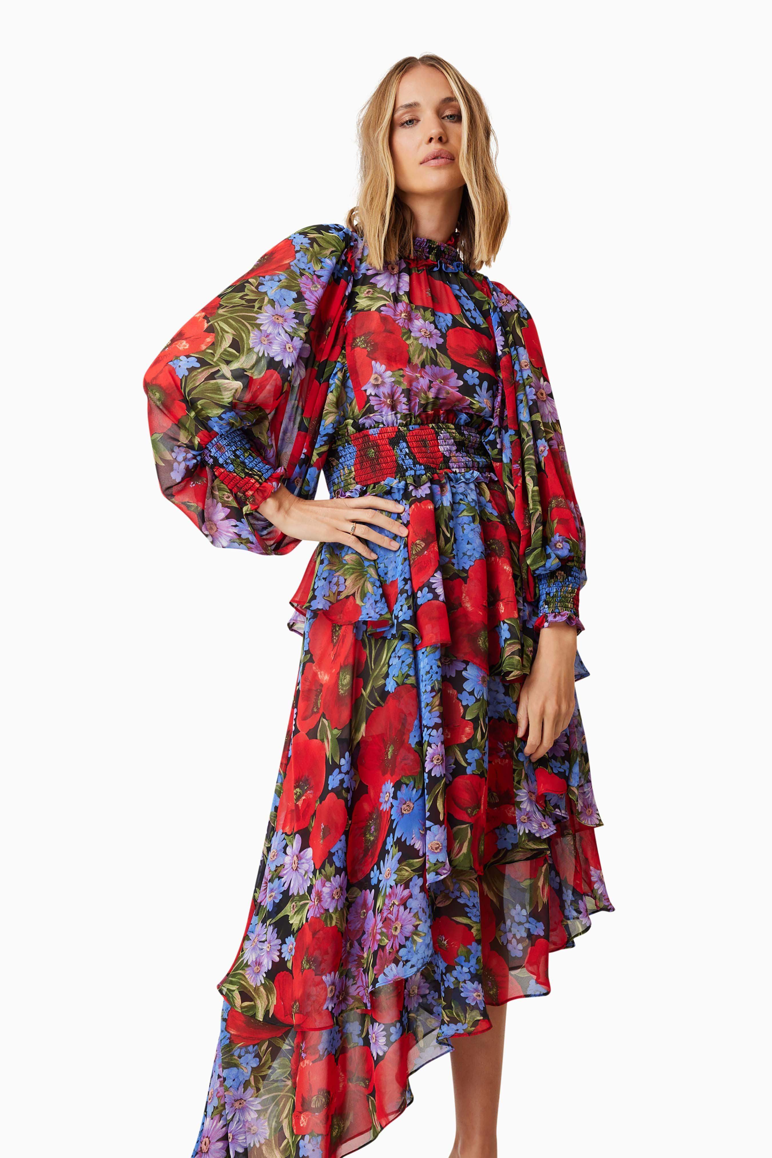 Thea Long Sleeve Floral Midi Dress in Red - Image 5