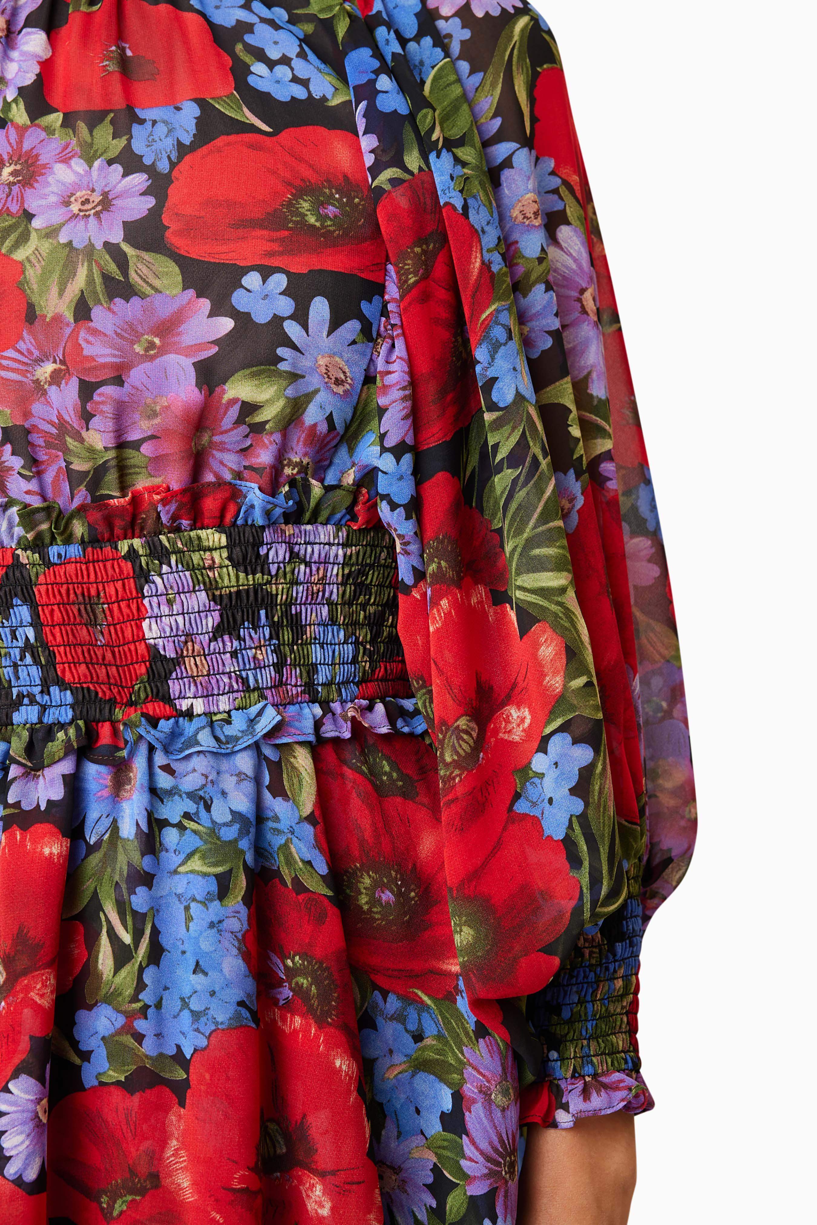 Thea Long Sleeve Floral Midi Dress in Red - Image 6