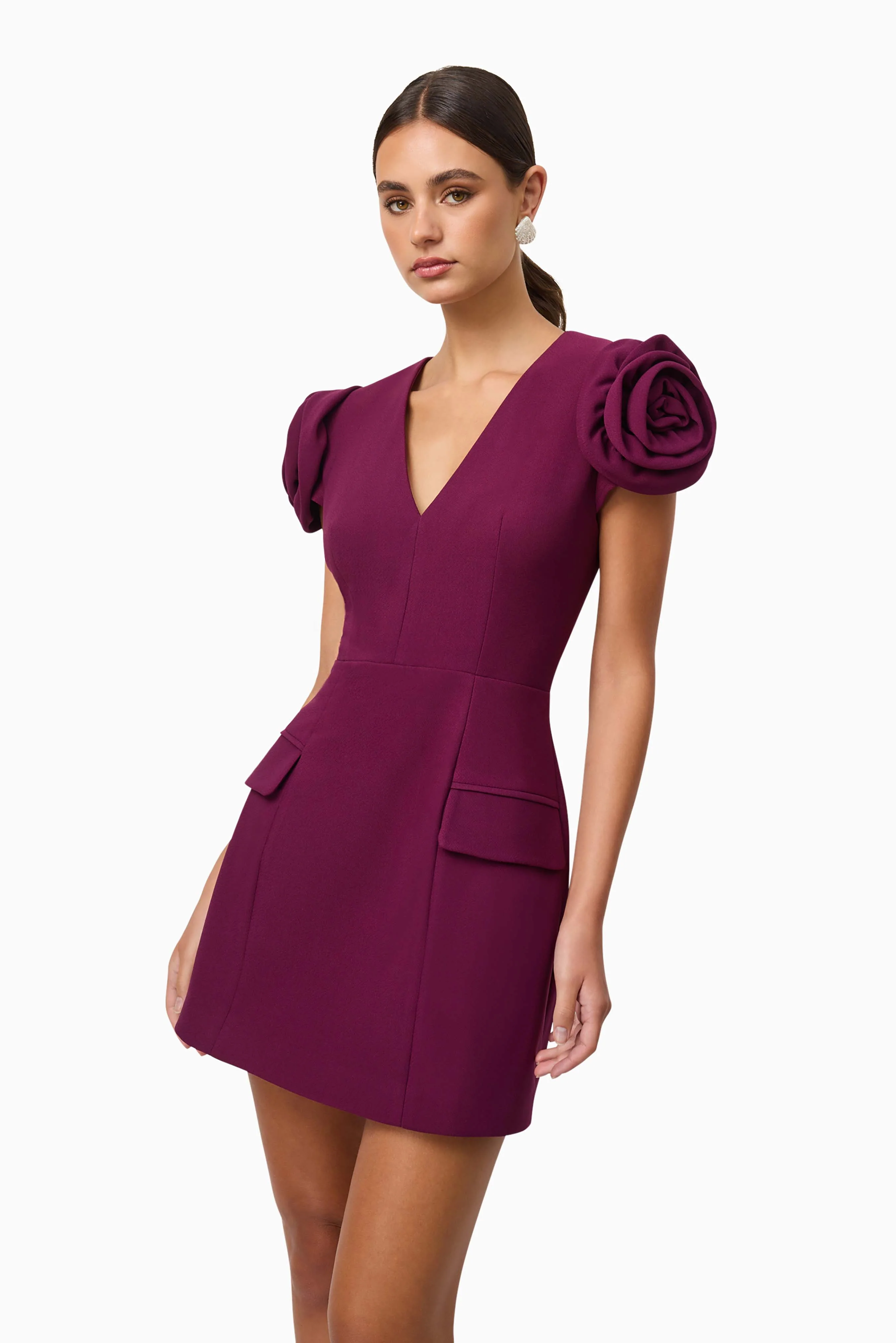 Theresa V-Neck Mini Dress in Burgundy - Image 3