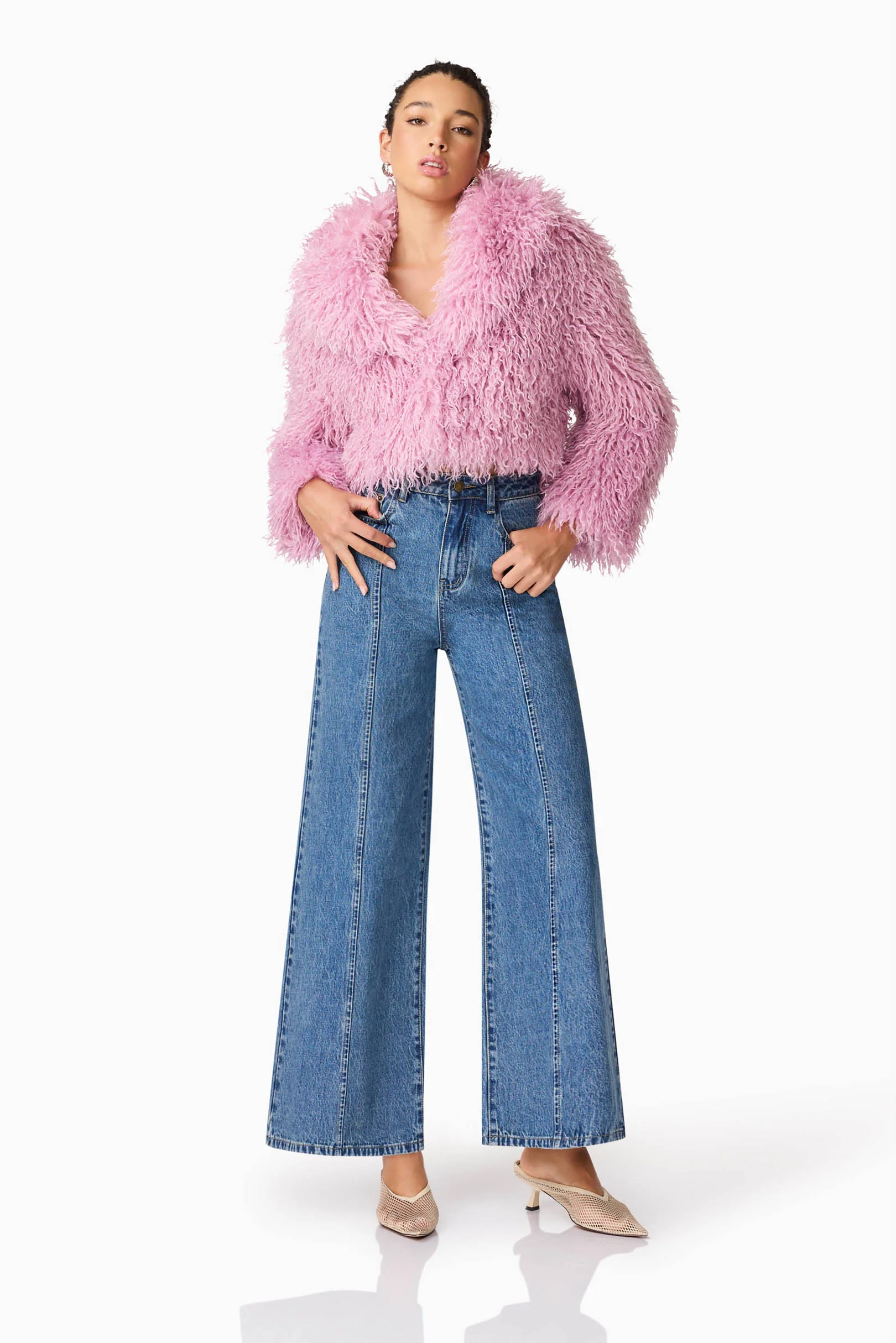 Trisha Faux Fur Cropped Jacket in Pink - Image 3