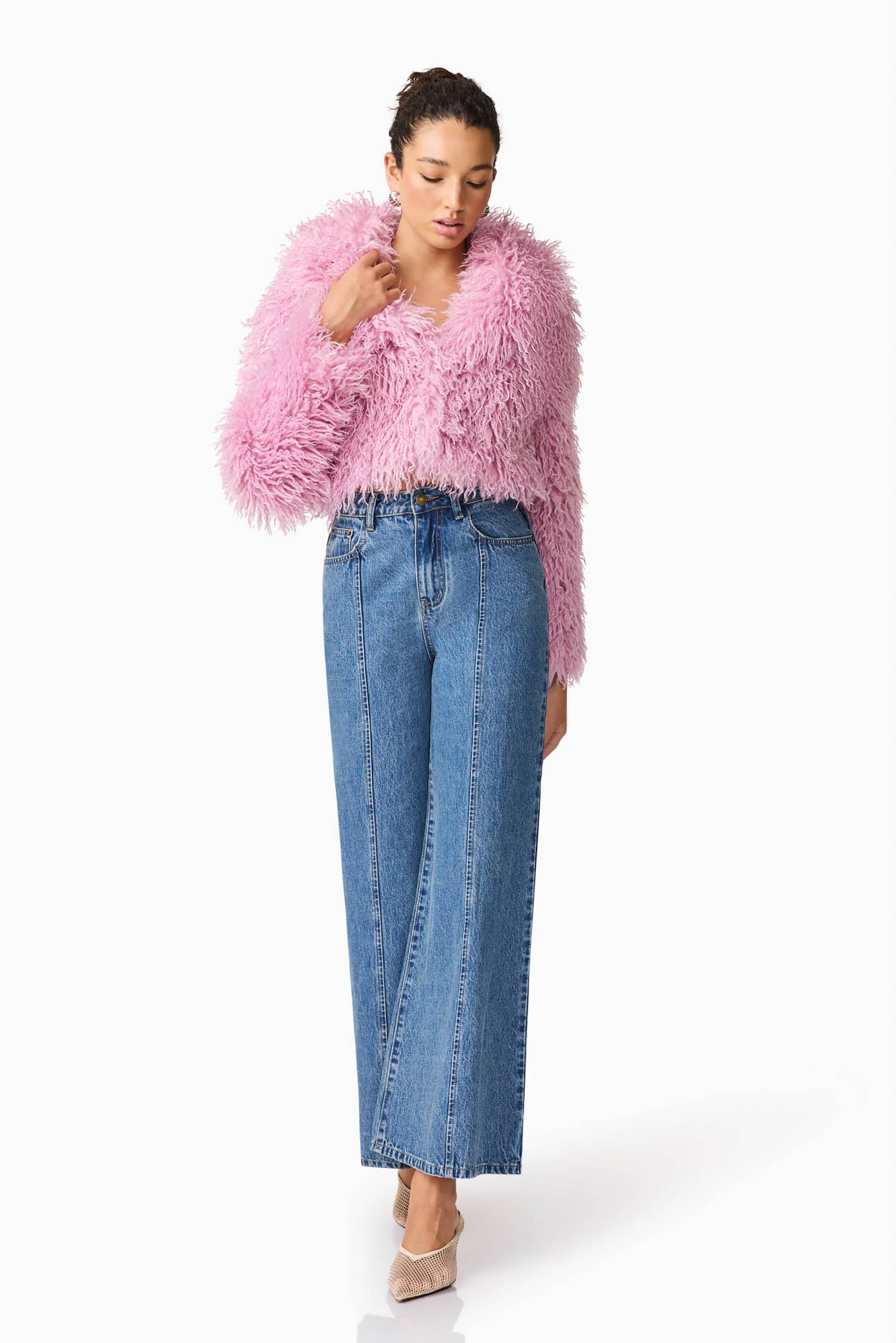 Trisha Faux Fur Cropped Jacket in Pink - Image 5