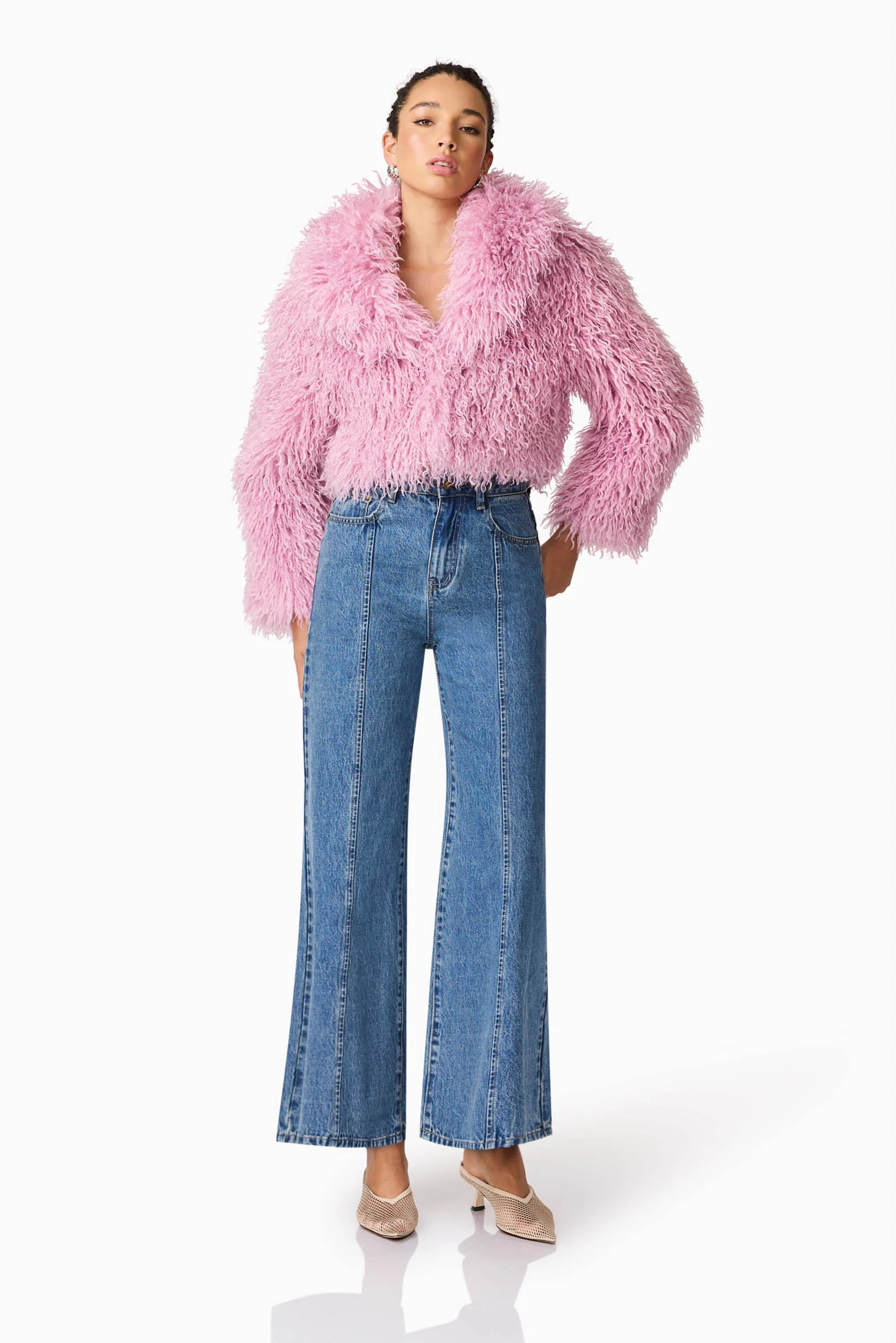 Trisha Faux Fur Cropped Jacket in Pink - Image 7